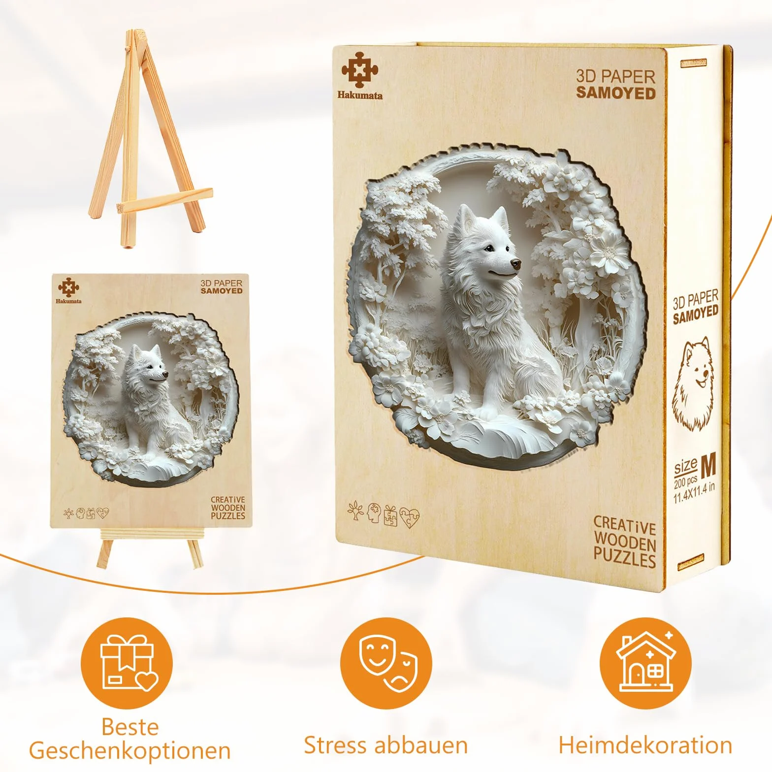 Puzzle drewniane dla dorosłych pies Samoyed - 295 elementów w pudełku upominkowym, dekoracja ścienna i prezent dla przyjaciół i rodziny (od 14 lat+)