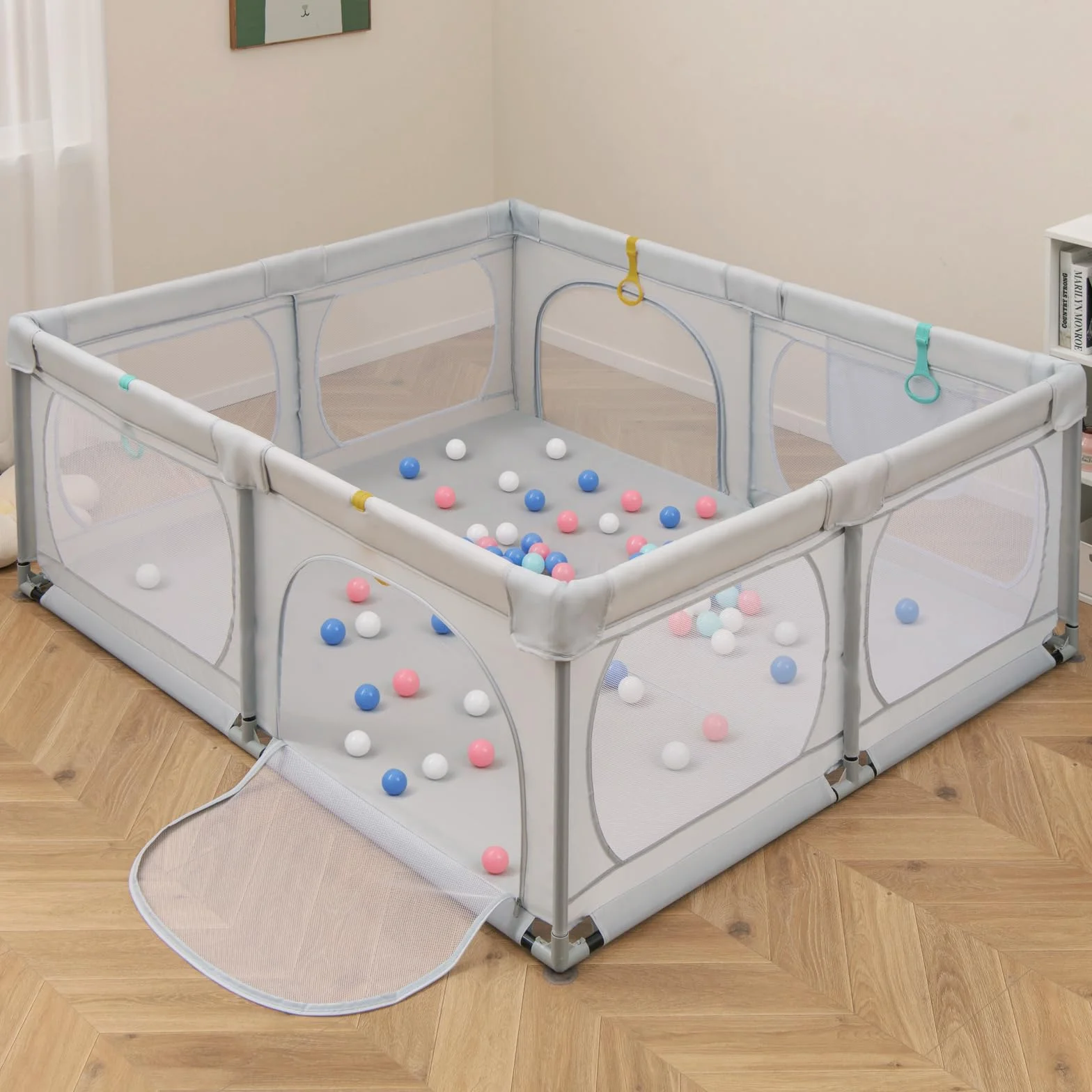 COSTWAY Kojec dla niemowląt 189 x 158 cm, kojec dla dzieci z 50 piłkami do zabawy, 4 pierścieniami do ciągnięcia i 4 drzwiami z zamkiem błyskawicznym, kratka do raczkowania z oddychającą siatką,