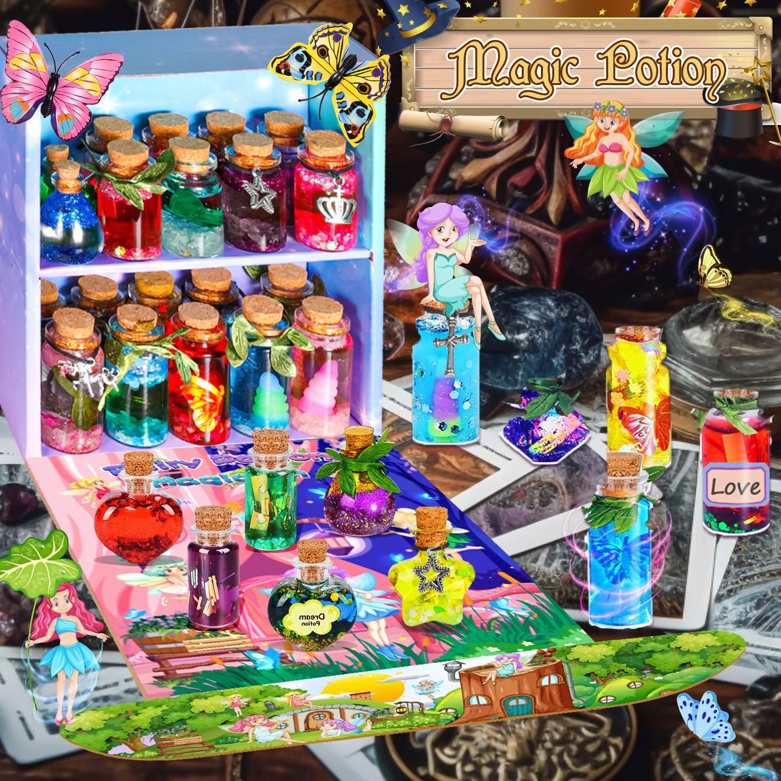 MULEVIP Zestaw magicznych mikstur dla dzieci, zestawy wróżkowych mikstur z 24 magicznymi butelkami, kryształy energii, motyle, zawieszka, magiczna mikstura Kreatywne prezenty DIY dla dziewczynek