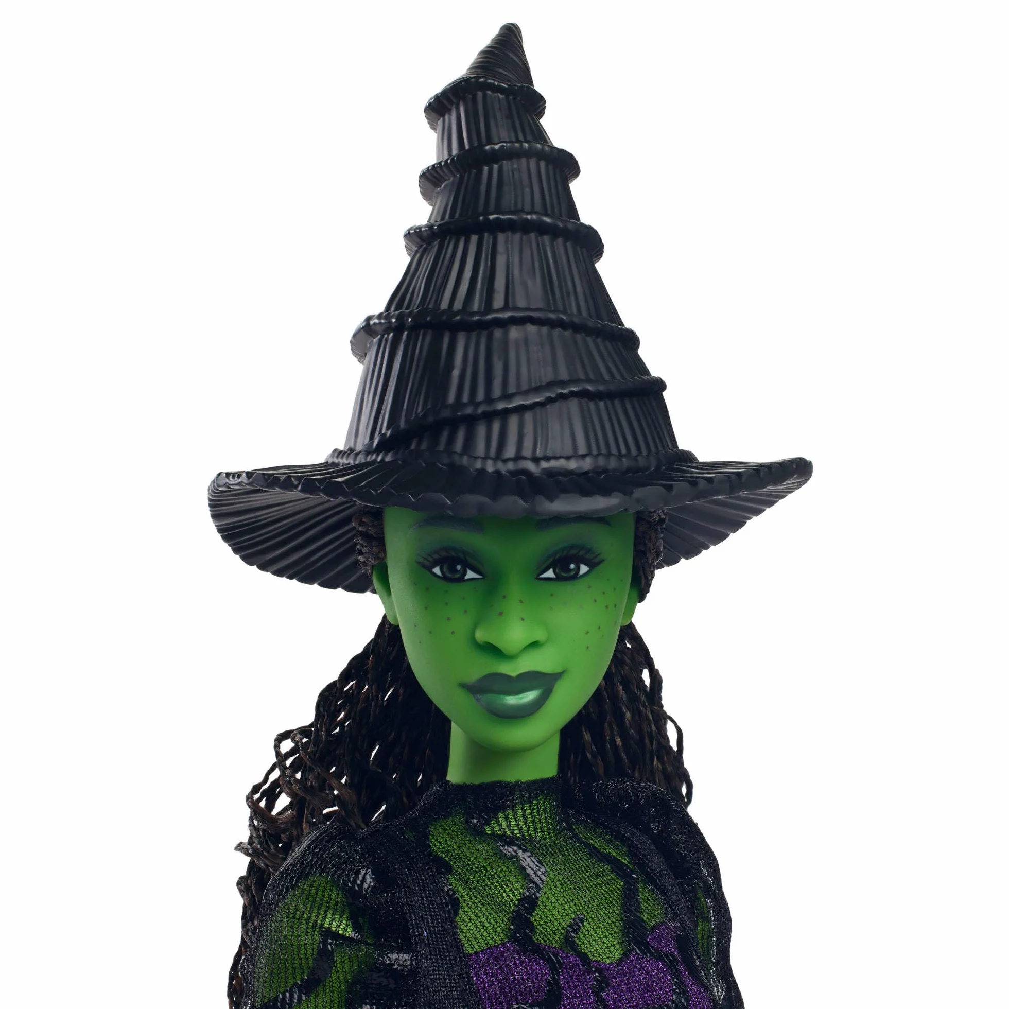 Mattel Universal Wicked Elfaba Lalka modowa do ustawiania w różnych pozach z zieloną skórą, czarnymi warkoczykami i zdejmowaną kreacją oraz akcesoria, HXT62