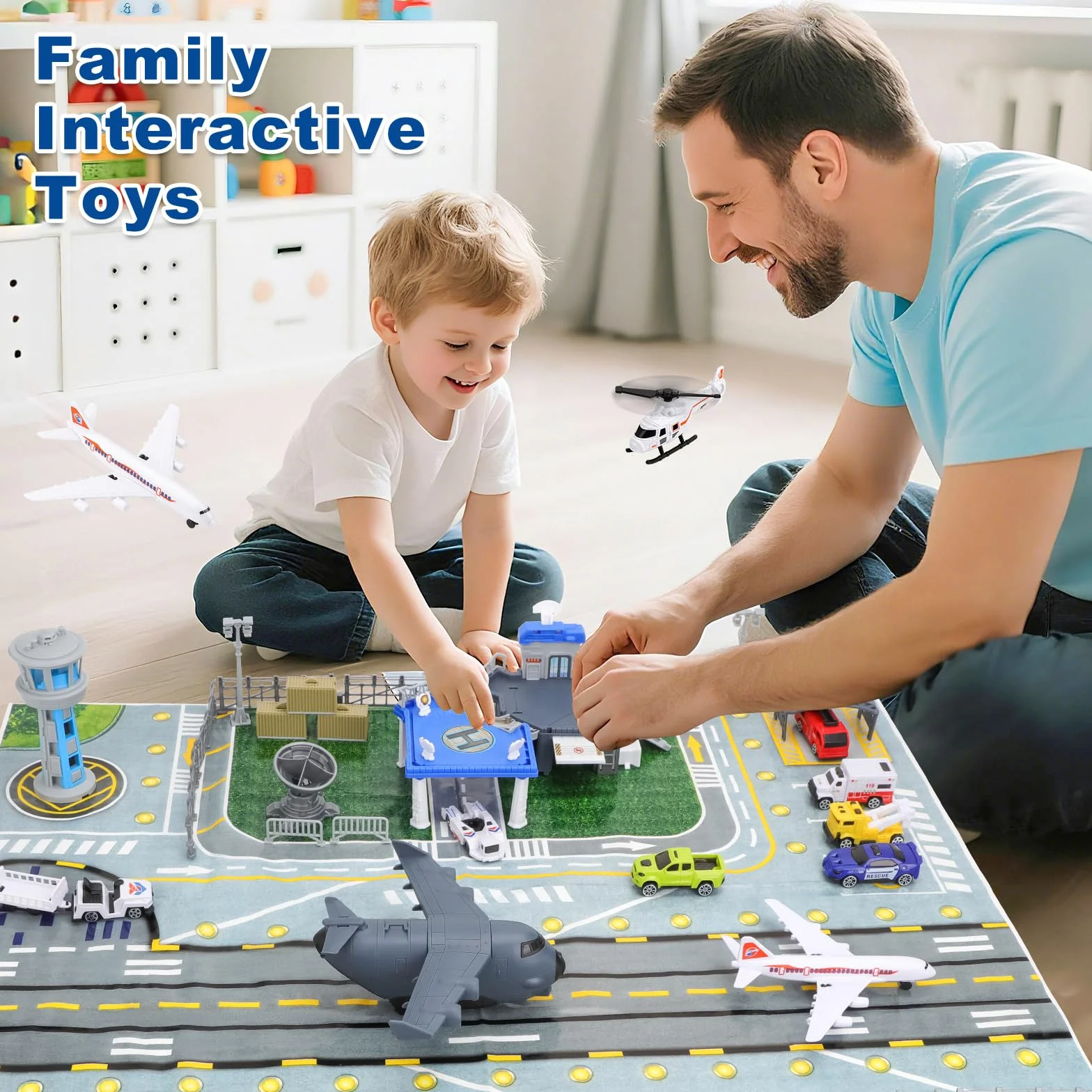 deAO Strap Toys City Lotnisko, budynek terminalu lotniska, wieża radarowa, 11 środków transportu: wózki bagażowe, pojazdy policyjne, samolot liniowy, zapora drogowa, 3 lata +