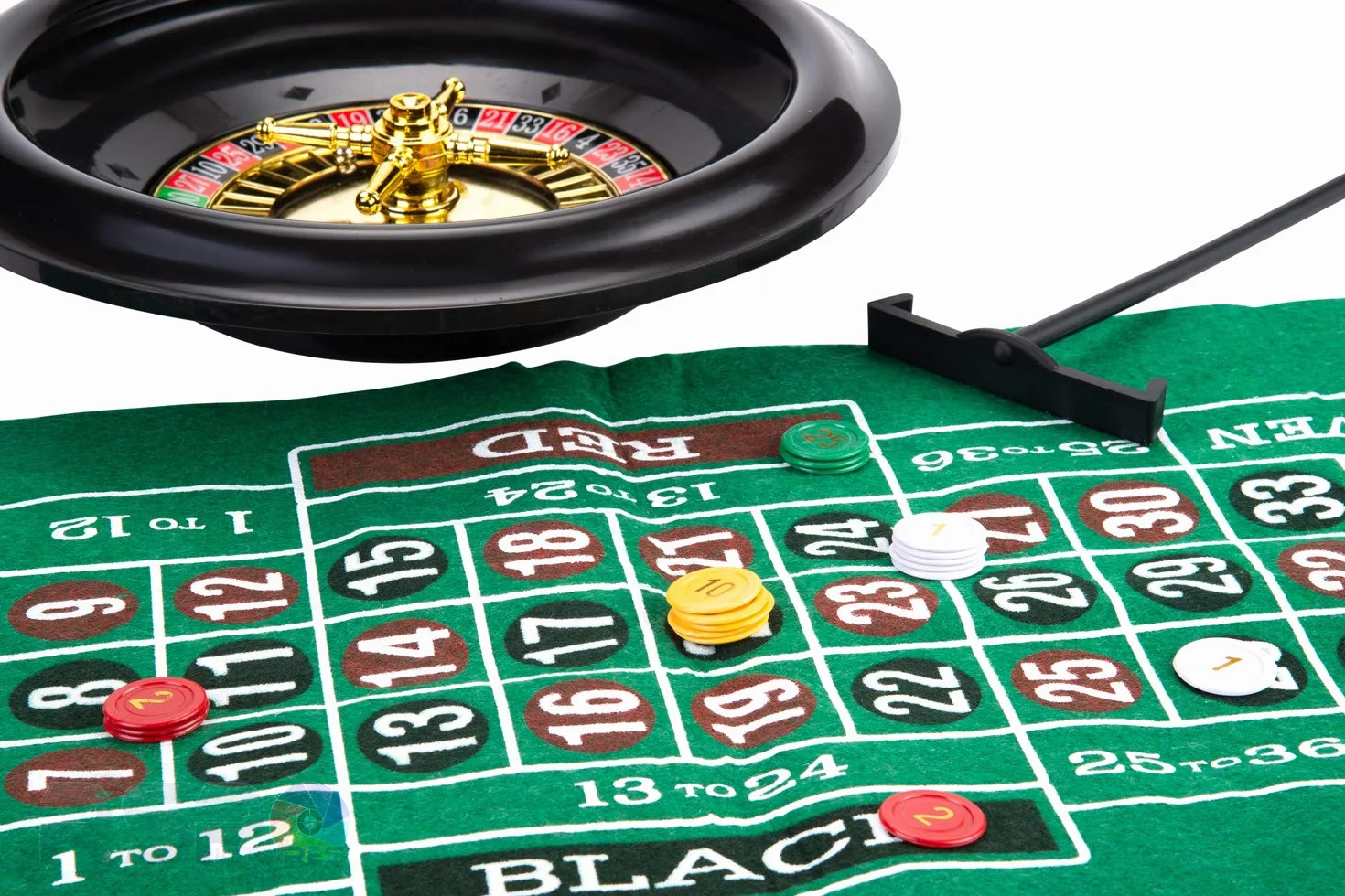 Engelhart – 320403 – Zestaw do ruletki amerykańskiej i blackjacka – dwustronna mata – żetony, karty i grabki krupiera – ruletka 30 cm, mata 60 x 45 cm