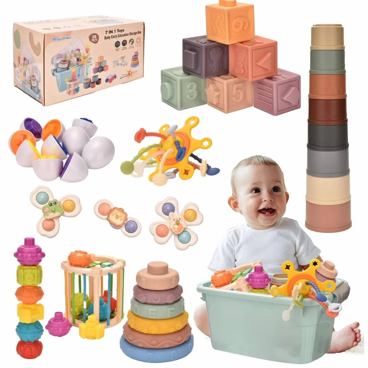 Montessoriii zabawka 7 w 1 dla niemowląt, 6, 9, 12 miesięcy, 1 rok, zestaw zabawek układanych w stos, zabawka sensoryczna dla niemowląt, koordynacja ruchowa, prezent dla chłopców i