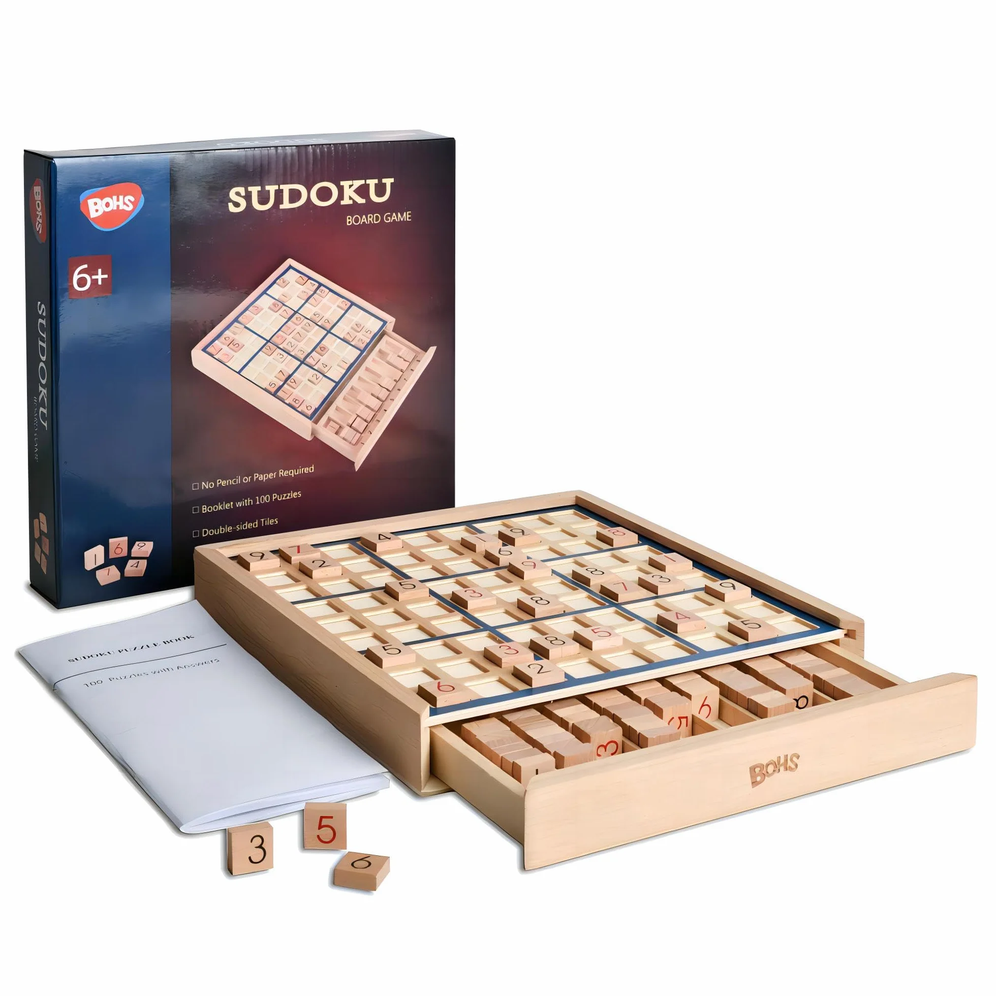 BOHS Gioco da Tavolo in Legno Sudoku con Cassetto - 100 Puzzle di Sudoku - Rompicapo Matematico da Tavolo