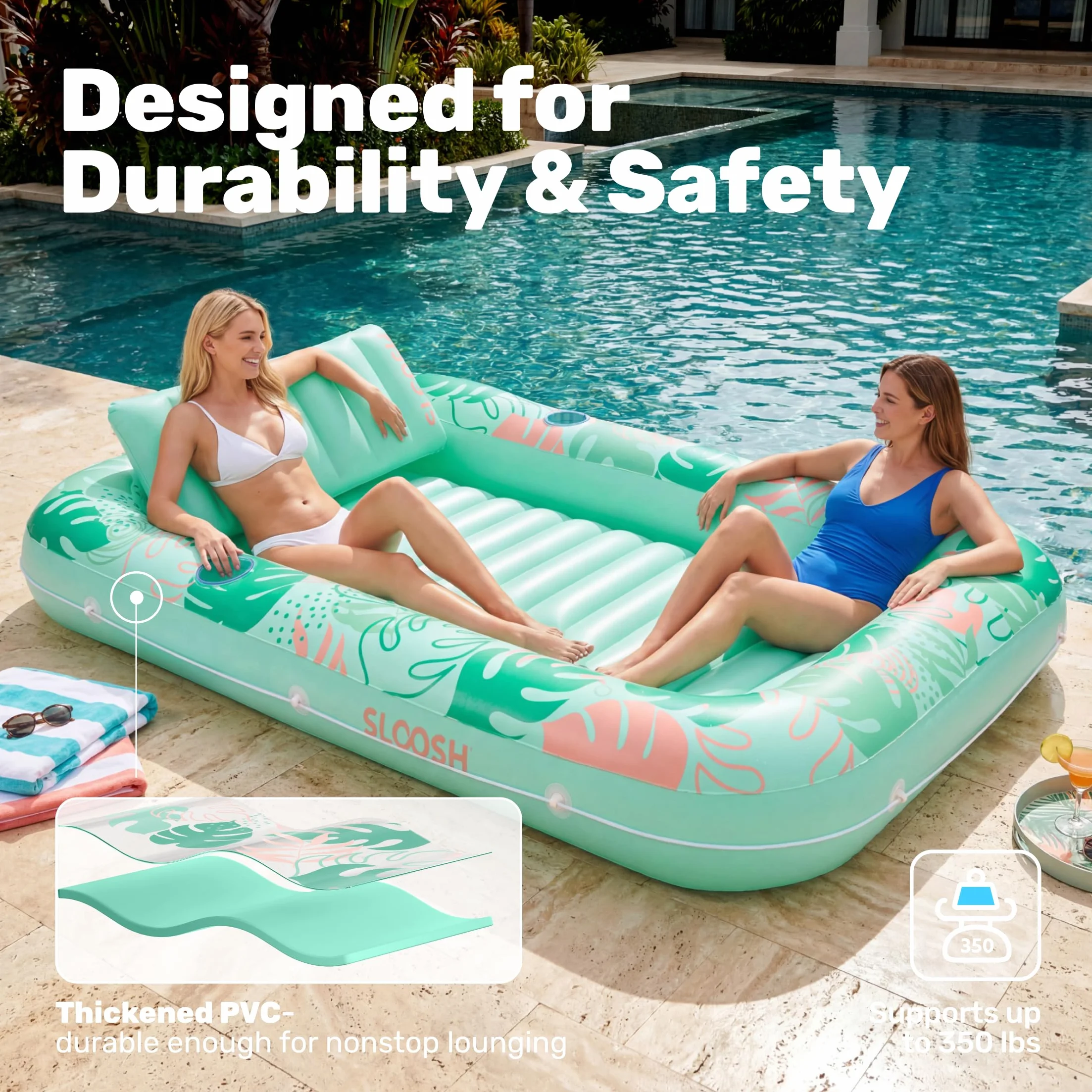 Sloosh Nadmuchiwany leżak do opalania basenem, rozmiar XL, 2,1 x 1,4 m, bardzo duży Suntan Sun Tan Tub for Adults, Bed Blow up, Raft Lounge Floatie, XL-Blushing Pink