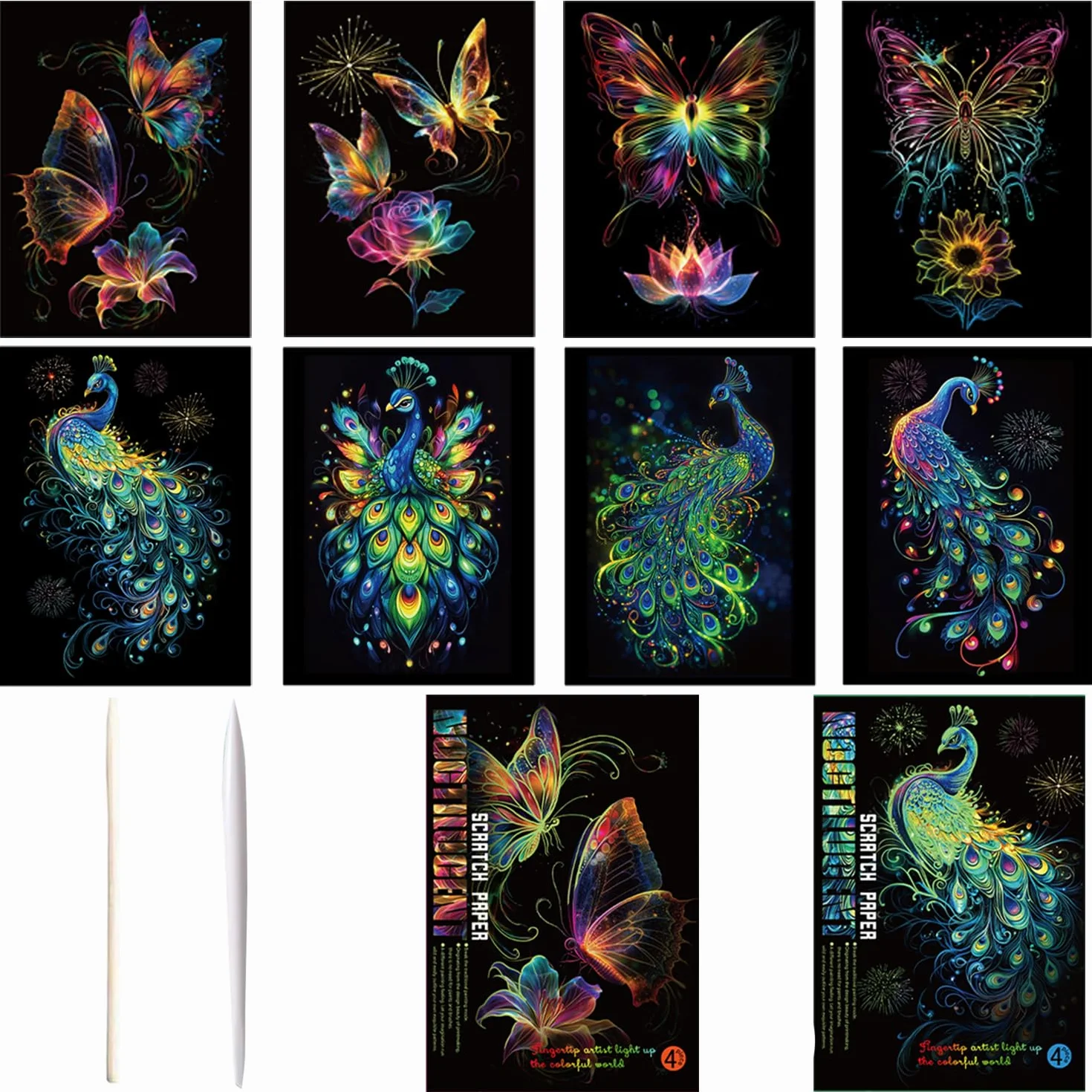 Georgie Porgy Zestaw obrazków do zdrapywania dla dzieci i dorosłych, Magic Rainbow A4, papier do zdrapywania na Boże Narodzenie, urodziny, z zestawem narzędzi do zdrapywania (świecący w nocy motyl +