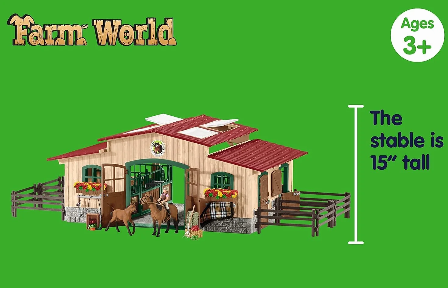 schleich FARM WORLD | Stajnia z końmi i akcesoriami 42195 | Zestaw ze stajnią, padokiem, 2 końmi, figurką dziewczynki i akcesoriami | Zabawka farma od 3 lat | 96 elementów | Ekskluzywnie na Amazon