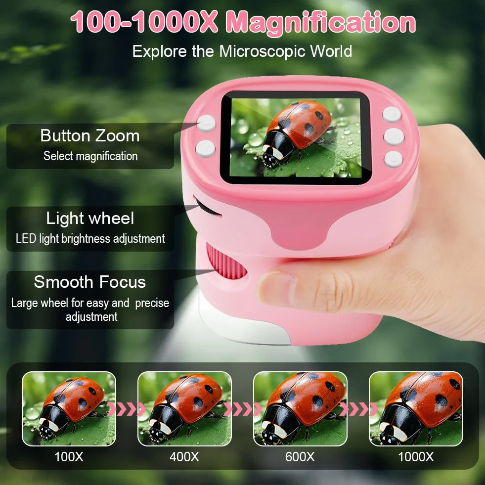 AXFEE Mikroskop dla dzieci, 1000X przenośny mikroskop kieszonkowy z LED, mini mikroskop z wyświetlaczem LCD 2,0", 4 K, 6 folii, karta pamięci 32 GB i statyw, dla dzieci i dorosłych (różowy)