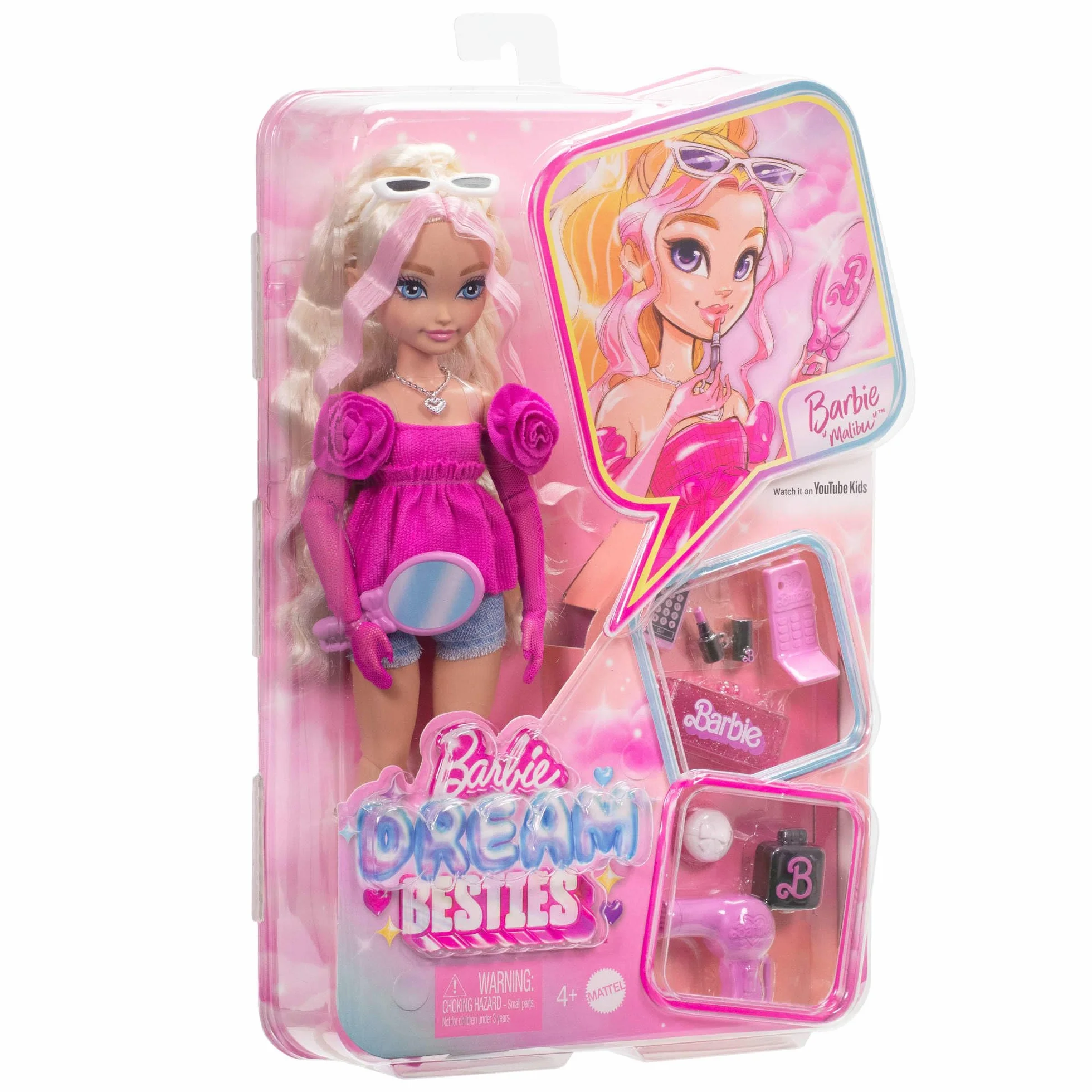 Barbie Dream Besties Lalka modowa „Malibu” do ustawiania w różnych pozach z falowanymi blond włosami i 8 akcesoriami urodowymi, HYC21