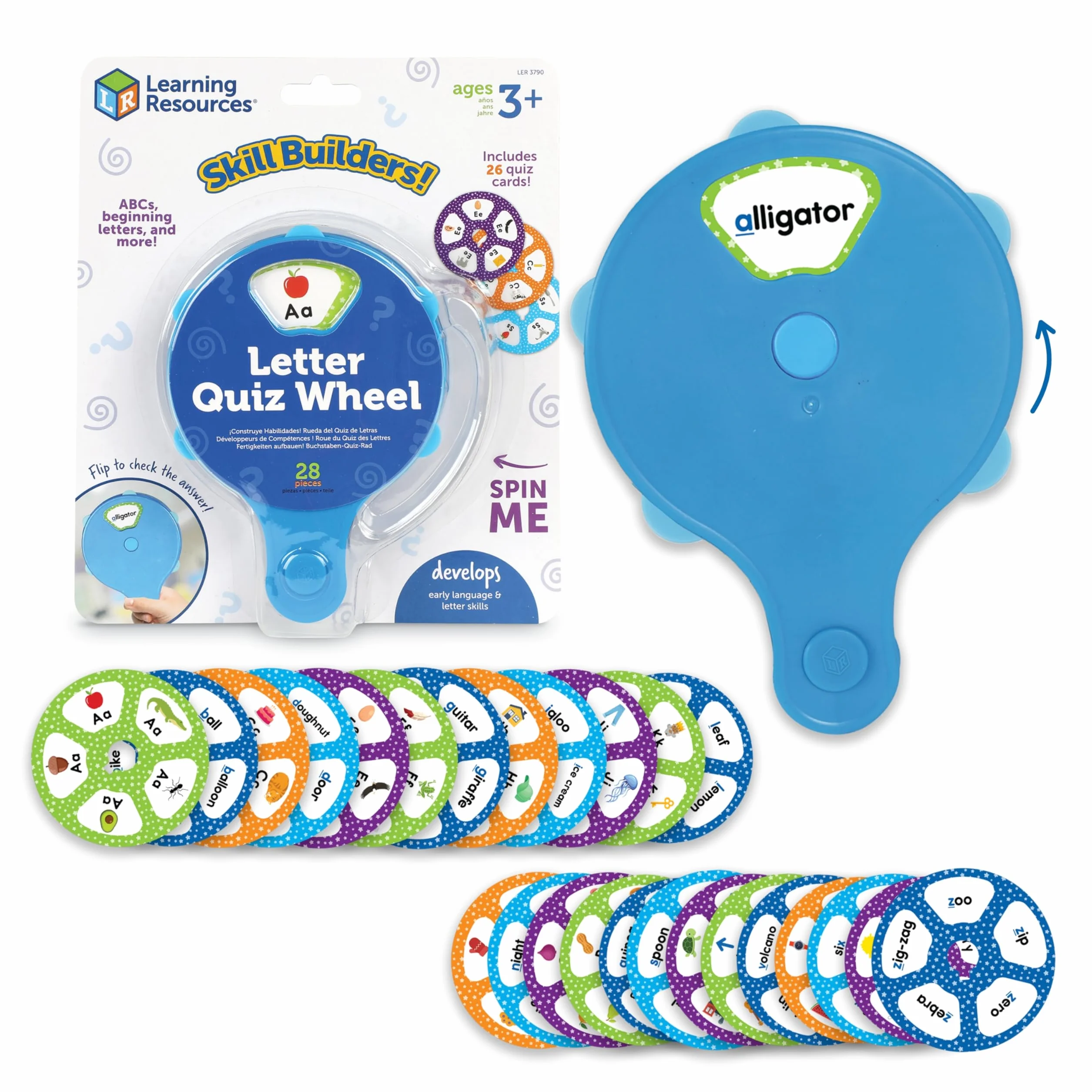 Learning Resources Konstruktorzy umiejętności! Koło quizu z literami, karty Flash z alfabetem, gry do czytania, Sight Words Flash Cards Kindergarten, Ages3+, 28 sztuk