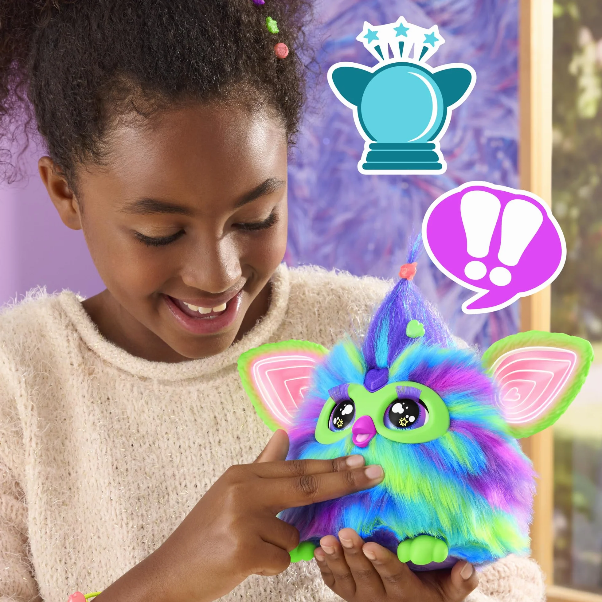 Furby Edycja Galaxy, świecąca, 15 modnych akcesoriów, interaktywne pluszowe zabawki dla dzieci w wieku 6 lat, głos animatroniczny (tylko Amazon)