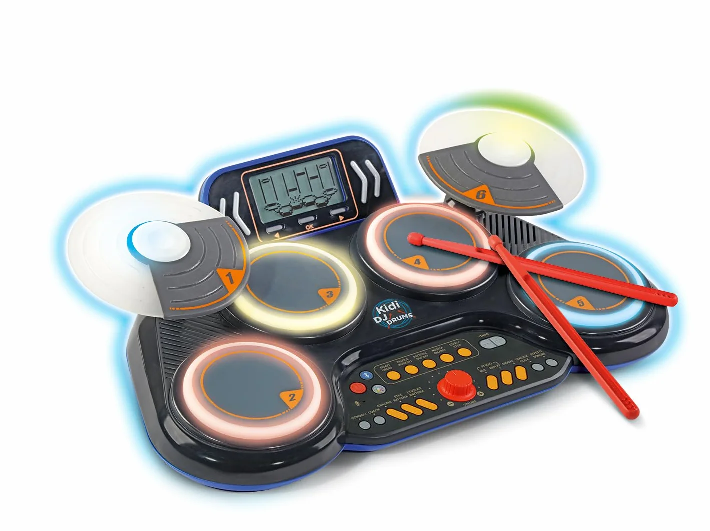 VTech Kidi DJ Drums, elektroniczny akumulator dla dzieci z podkładkami świecącymi, grami muzycznymi, trybem Bluetooth i wbudowanym mikrofonem, pałeczkami w zestawie, język włoski, baterie w zestawie,