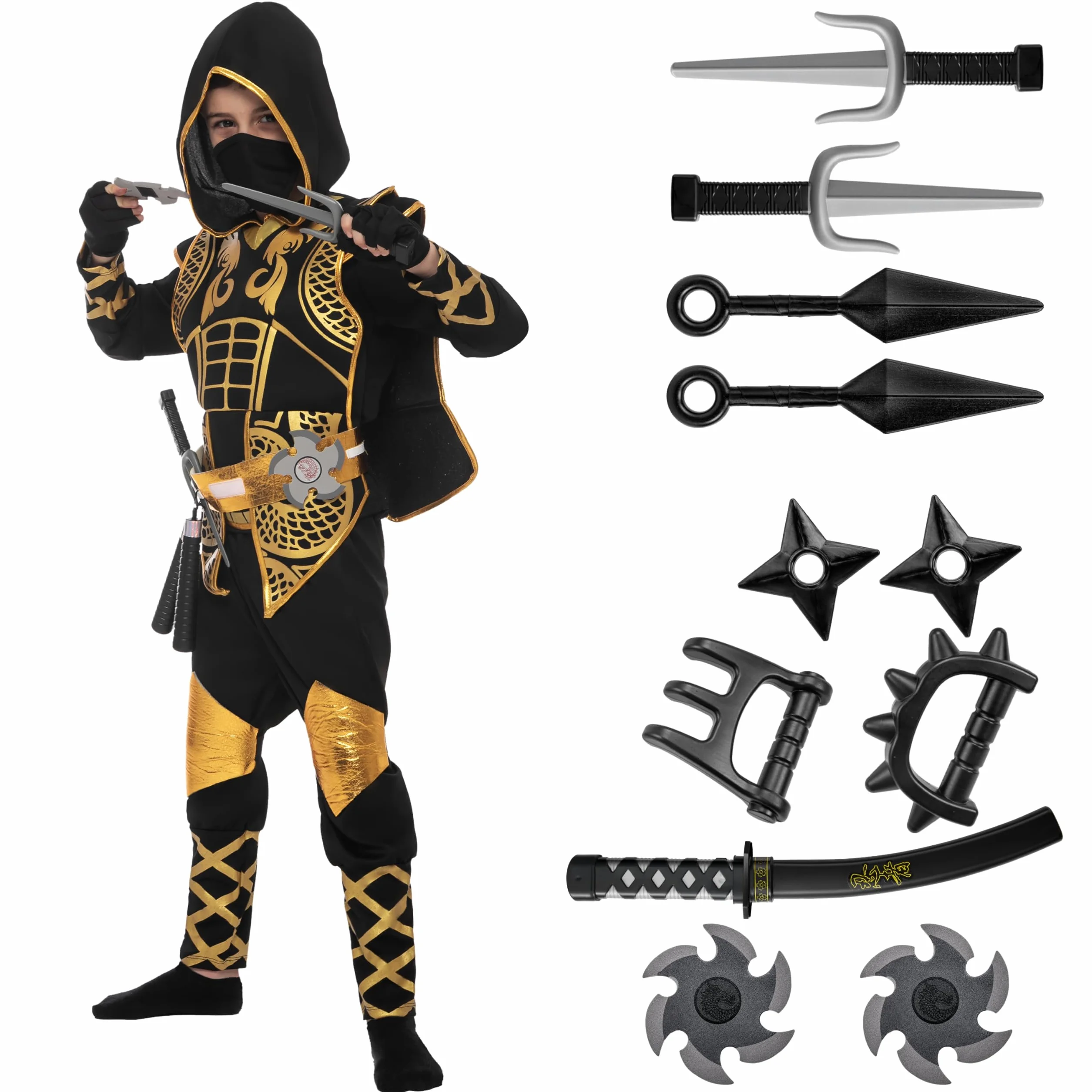 Spooktacular Creations Złoty kostium wojownika ninja dla dzieci, małych dzieci, chłopców