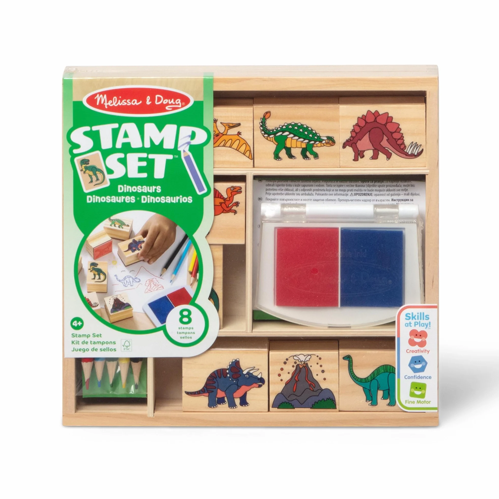 Melissa & Doug Zestaw stempli Dinozaury z kolorowymi ołówkami dla dzieci | Zabawa kreatywna | Drewniane pieczątki I stemple dla dzieci | Prezent dla chłopców i dziewczynek w wieku 3 4 5 6 lat
