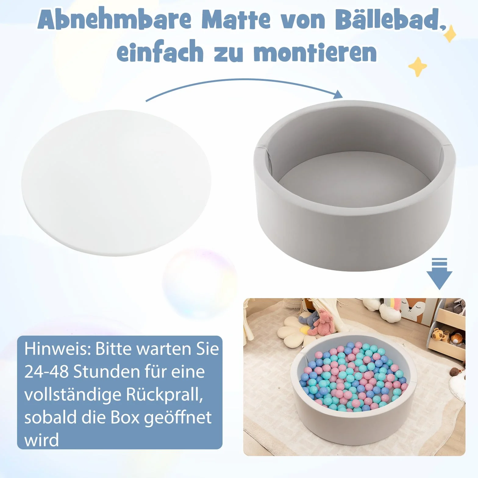 COSTWAY Basen z piłkami z 200 piłkami, basen z piłkami 90 x 30 cm, w zestawie zdejmowana mata podłogowa i poszewka nadająca się do prania w pralce, okrągłe doły z piłkami, grubość 5 cm, szary