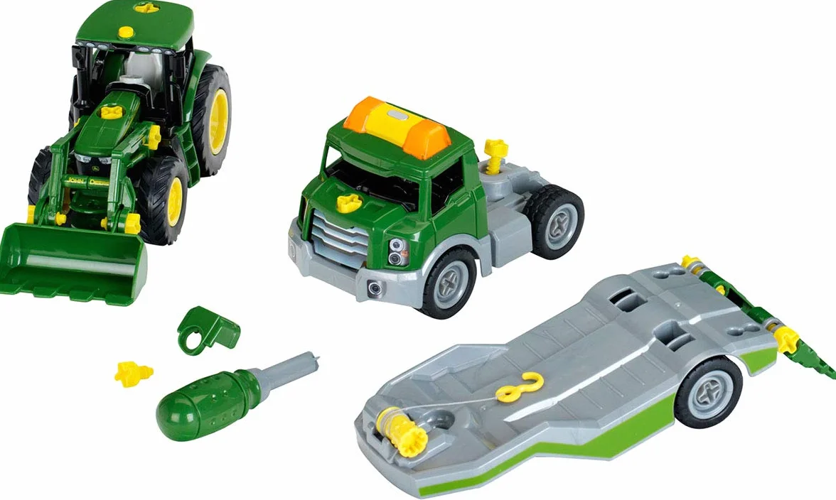 Theo Klein 3908 Transporter z traktorem John Deere I Zestaw śrubowy wraz ze śrubokrętem I Zabawki dla dzieci od 3. roku życia
