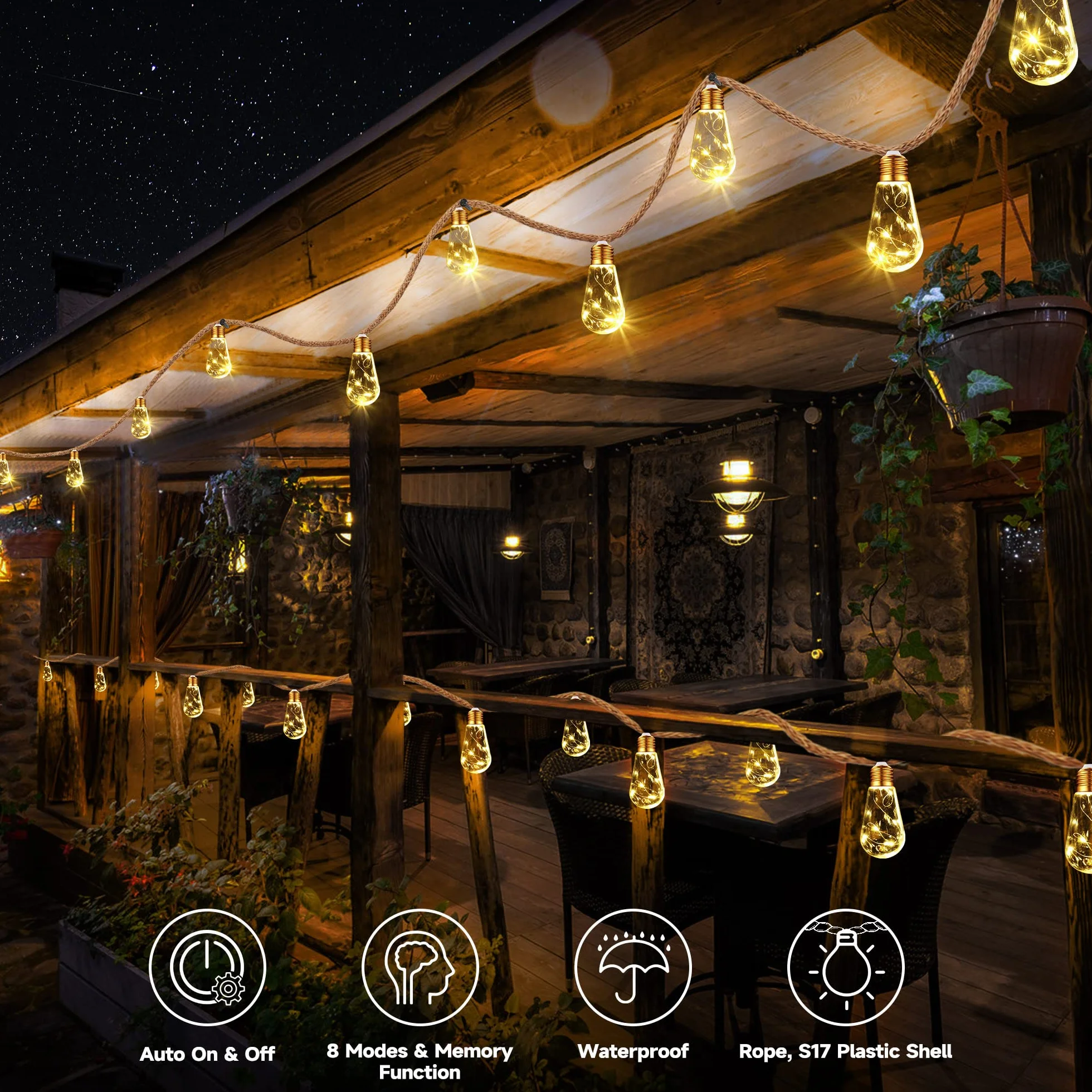 Geemoo Solarny łańcuch świetlny z liny konopnej, 8 m, 160 LED, wodoodporny, z 16 nietłukącymi się żarówkami, do ogrodu, na patio, imprezę, podwórko, dekoracja bożonarodzeniowa (ciepła biel)