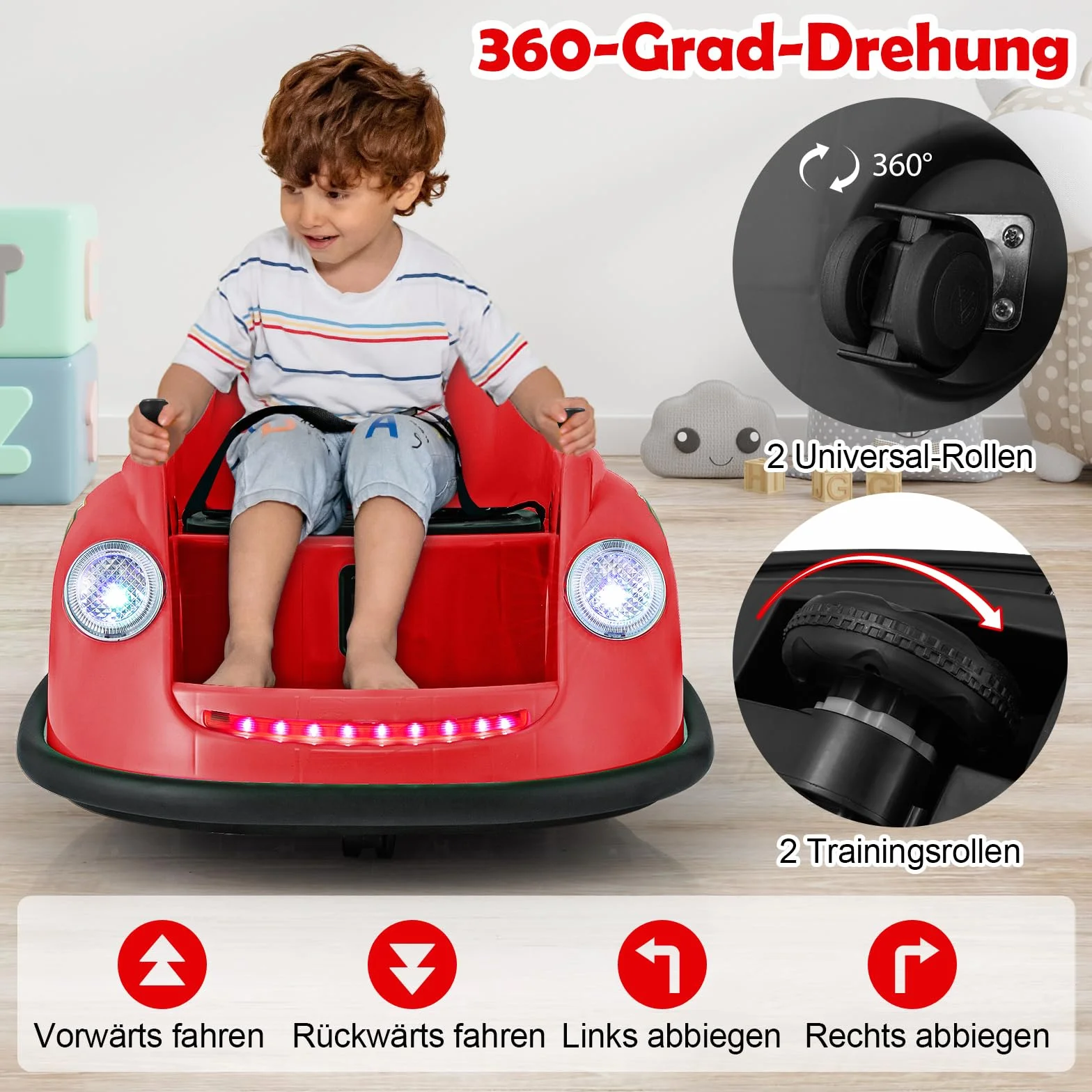 GOPLUS 12V hulajnoga samochodowa dla dzieci, elektryczny bumper z pilotem zdalnym, obrót 360°, LED, muzyka, pojazd elektryczny 2-5 lat (czerwony)