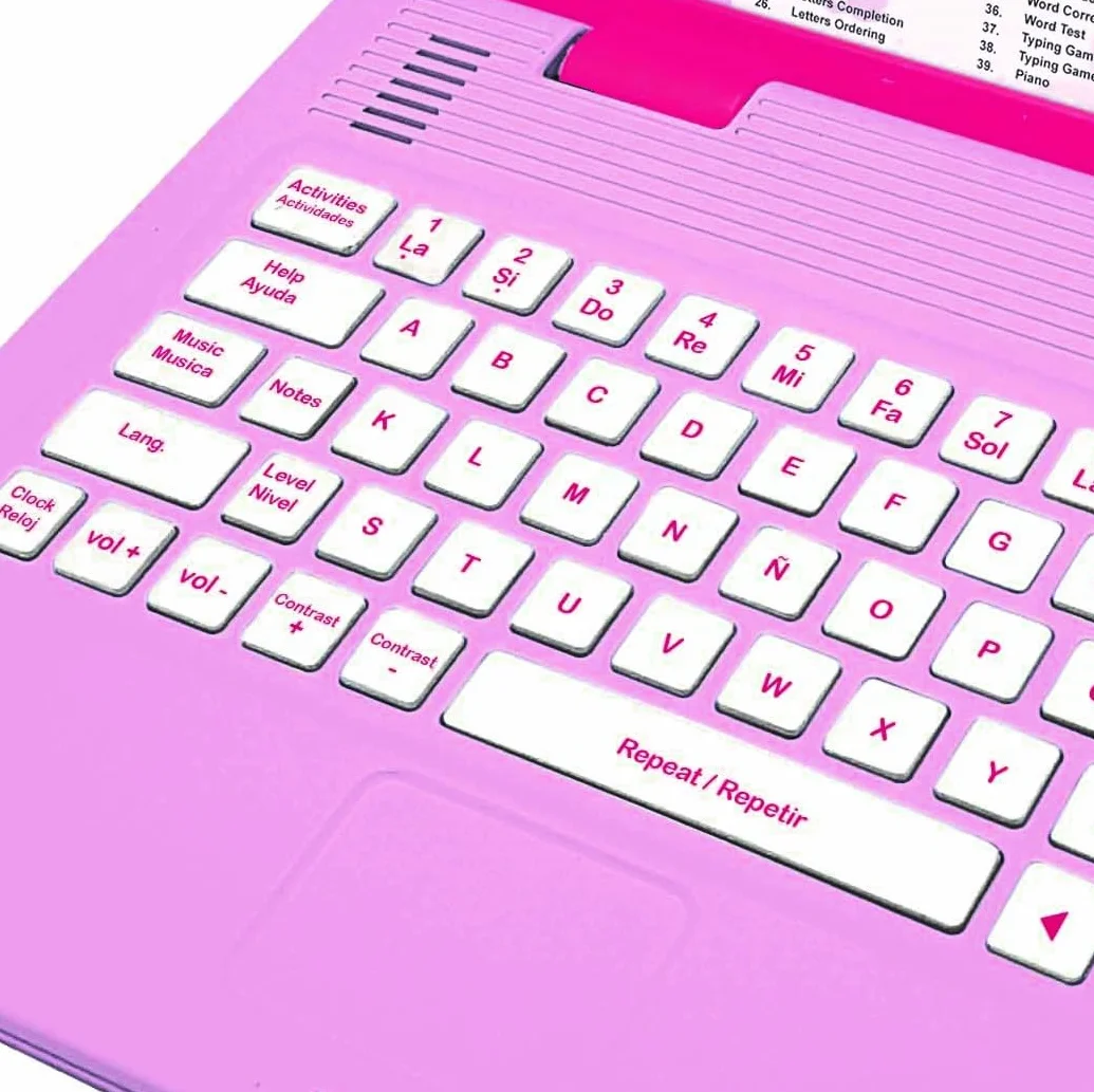 LEXIBOOK, Barbie, komputer edukacyjny i dwujęzyczny angielski/hiszpański, zabawka dla dzieci z 124 zajęciami do nauki, grania i słuchania muzyki, różowy, JC598BBi2