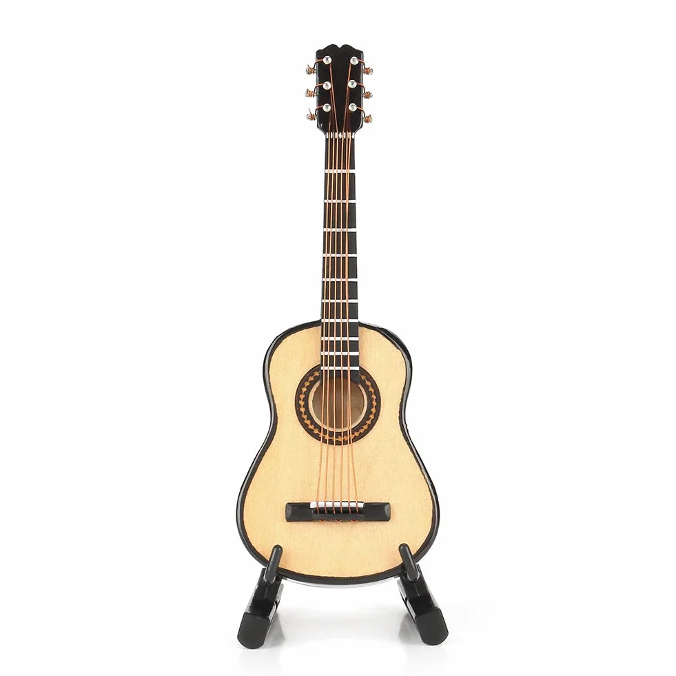 Miniaturowy Model Gitary, Mini Drewniana Gitara Model Instrumentu Muzycznego dla Dzieci Akcesoria do Domku dla Lalek ze Stojakiem i Etui do Dekoracji na Blat 10 Cm