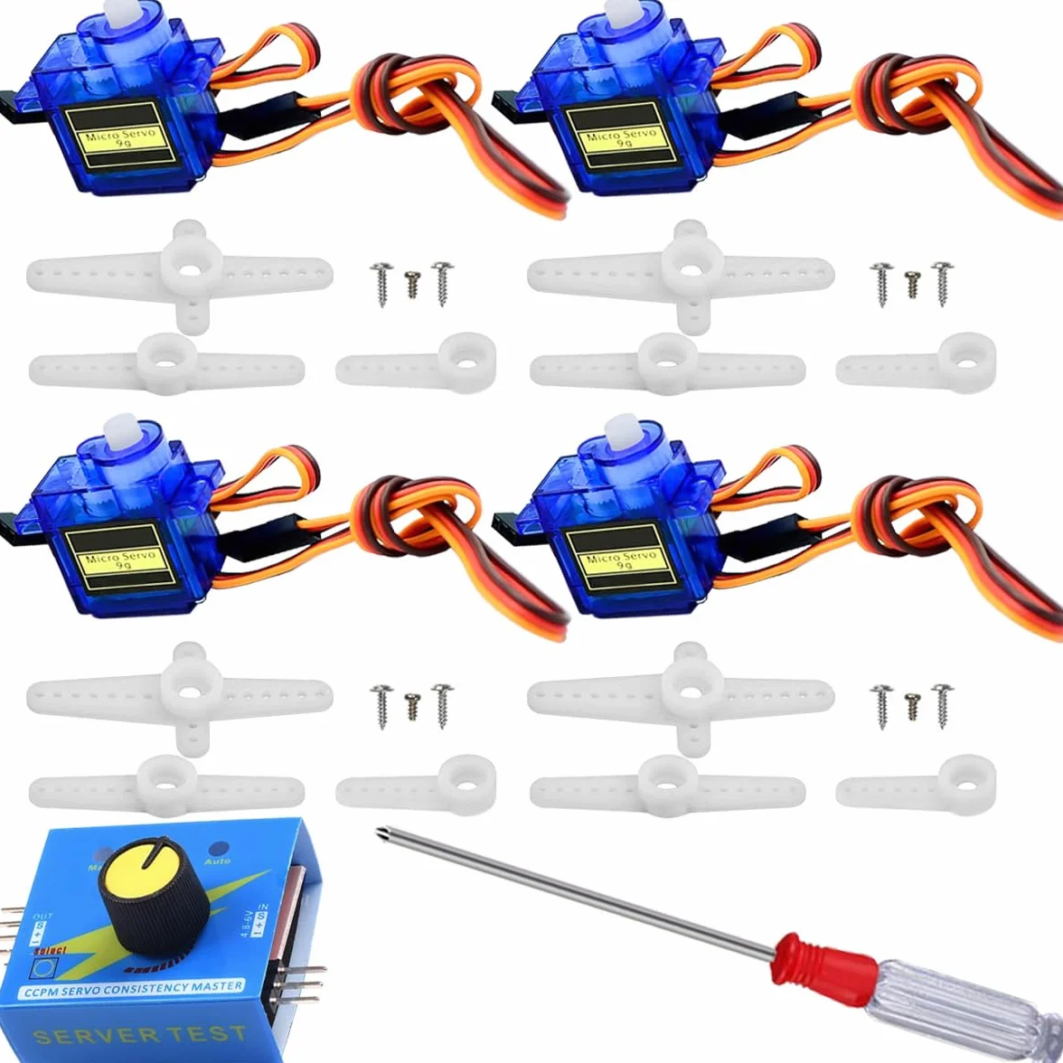 4 sztuki 9 g 180° mikroserwo z serwotesterem z mini śrubokrętem, do zabawek RC/robotów/modelu samolotu, inteligentny helikopter samochodowy, do Arduino/Raspberry Pi/DIY
