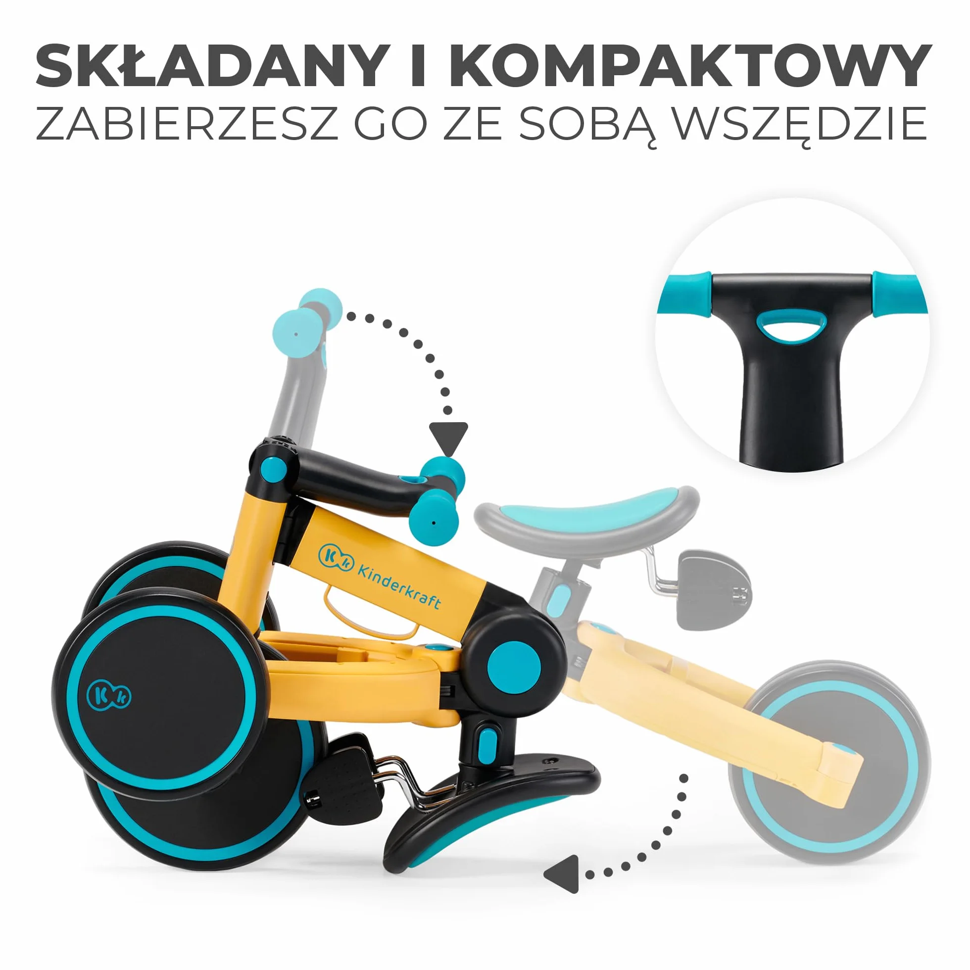 Kinderkraft Trójkołowiec 3w1 4TRIKE, Rowerek biegowy, Pchacz, Wielofunkcyjny, Bezpieczny, Regulowane siodełko, Żółty
