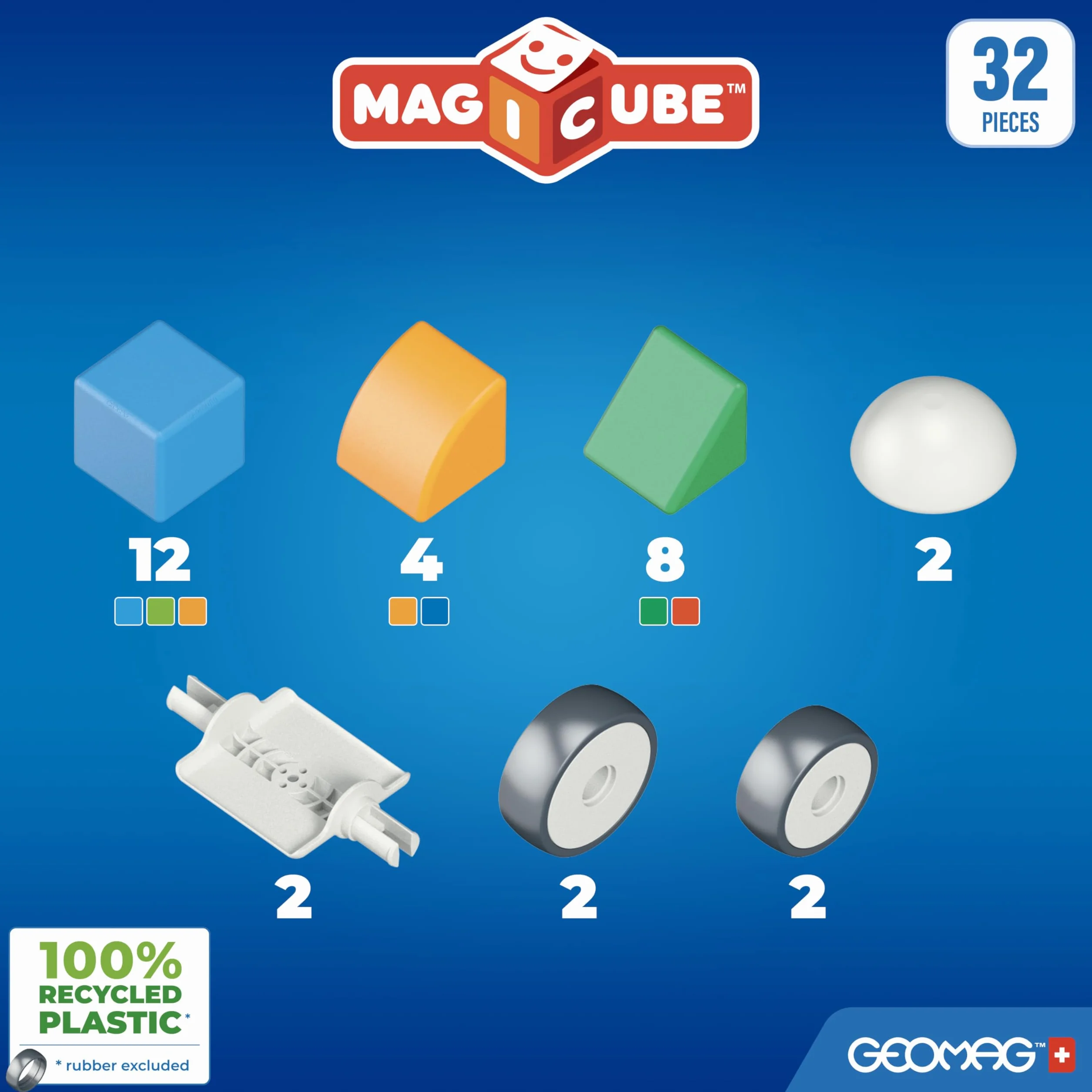 Geomag - Magicube 1+ Shapes - Magiczne Kostki Magnetyczne dla Dzieci, 4 Kolory i Kształty, 32 Bloki, Gra Edukacyjna, 100% Plastiku z Recyklingu