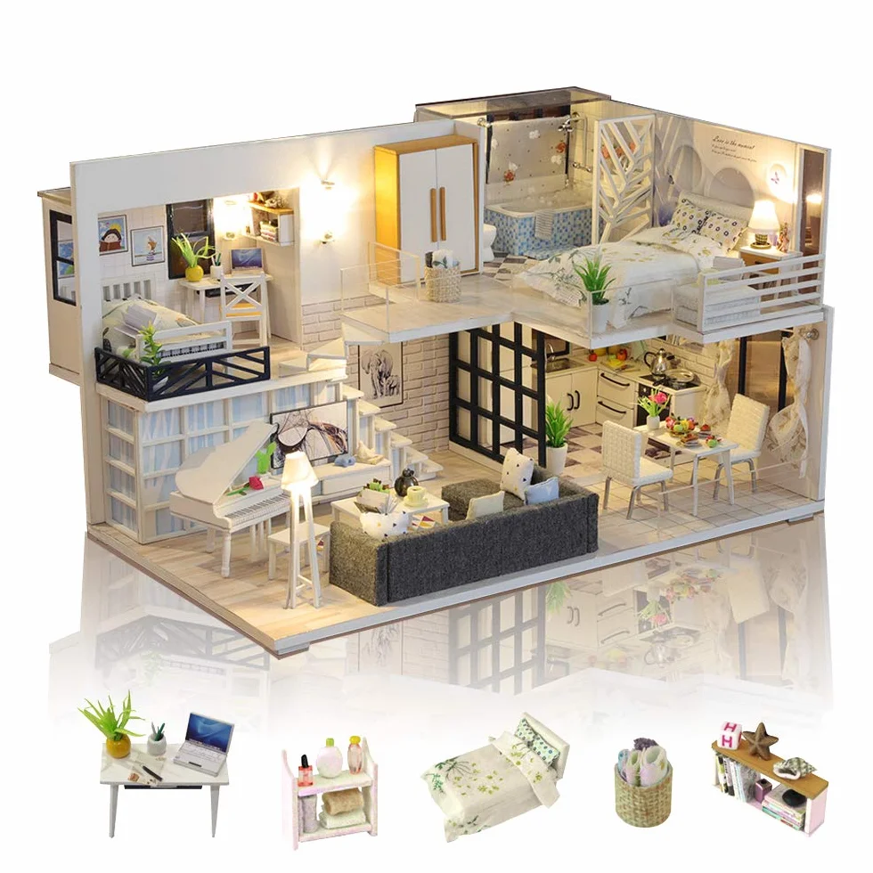 GuDoQi Domek dla lalek "zrób to sam" miniaturowy zestaw, drewniany domek dla lalek 3D, zestaw do montażu z meblami, muzyką i światłem LED, miniaturowe zestawy modelarskie dla kobiet i kolekcjonerów