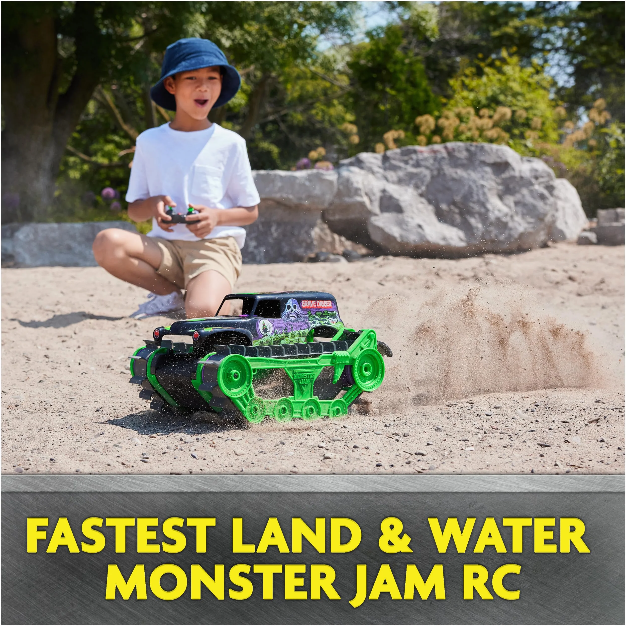 Monster Jam, Grave Digger Trax – bardzo mocny, zdalnie sterowany pojazd łańcuchowy Monster Jam w skali 1:15, do terenu terenowego na lądzie i w wodzie – odpowiedni dla chłopców i dziewczynek od 4 lat