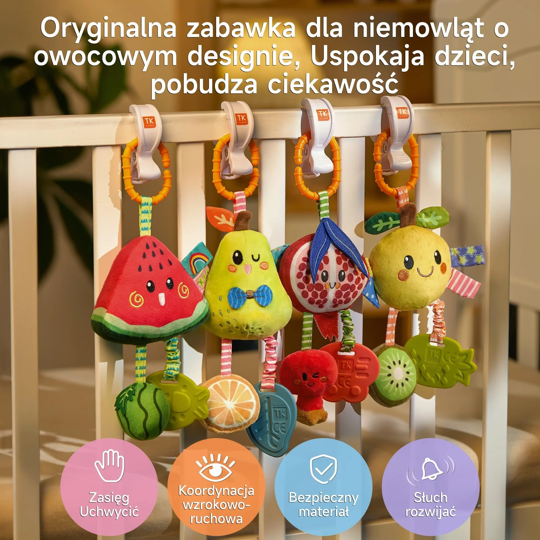 TUMAMA Wisząca grzechotka dla niemowląt, 0-3, 6-9 miesięcy, sensoryczne zabawki edukacyjne dla noworodka, z piszczącym dźwiękiem i gryzakiem, pluszowe, cytrynowe grzechotki, do fotelika samochodowego