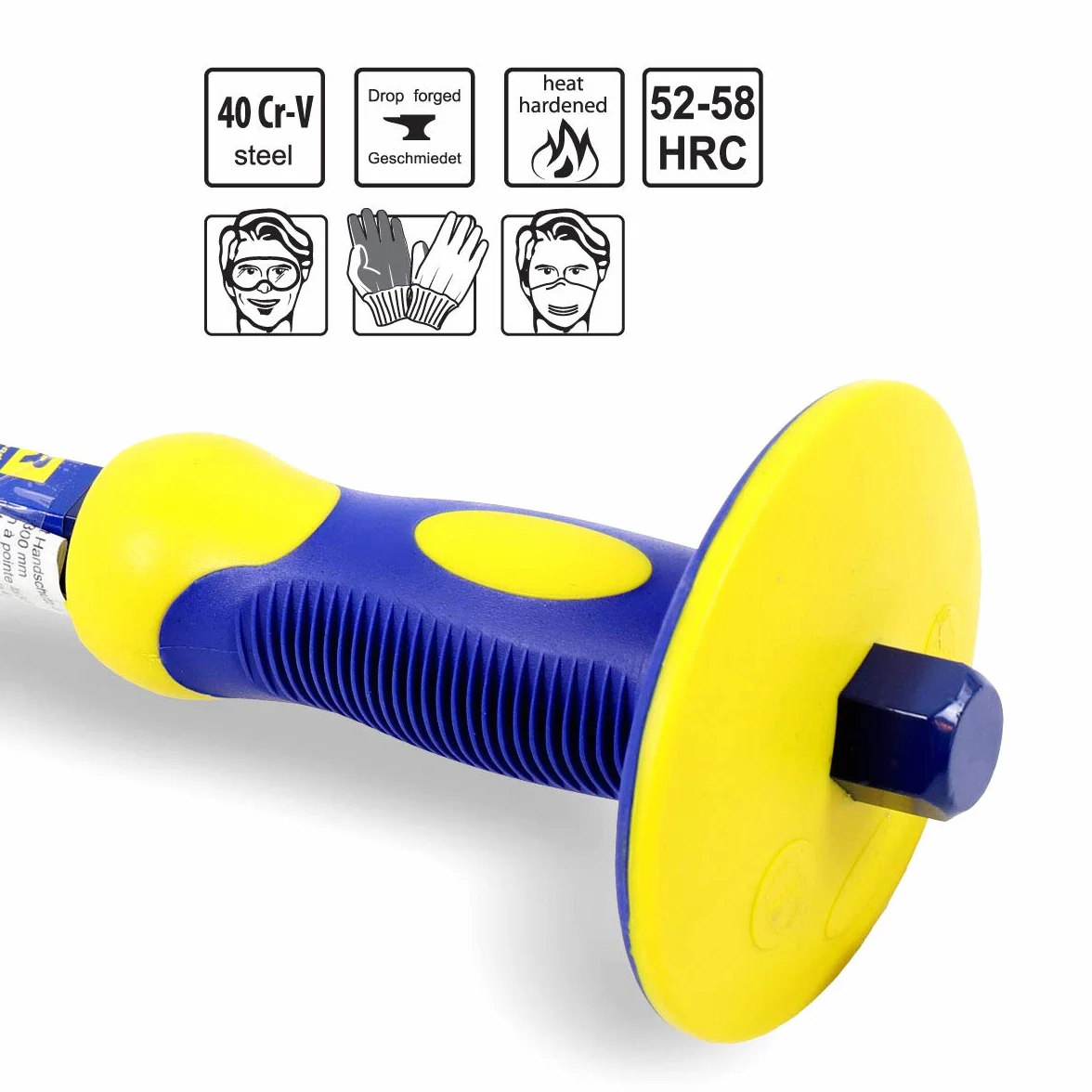 S&R dłuto spiczaste, zimne dłuto ze spiczastą głową i ochroną dłoni / osłoną końcową, 295 x 95 x 4 mm, 40 Cr-V, 52-58 HRC, antypoślizgowy ergonomiczny uchwyt, bardzo szeroka powierzchnia uderzenia