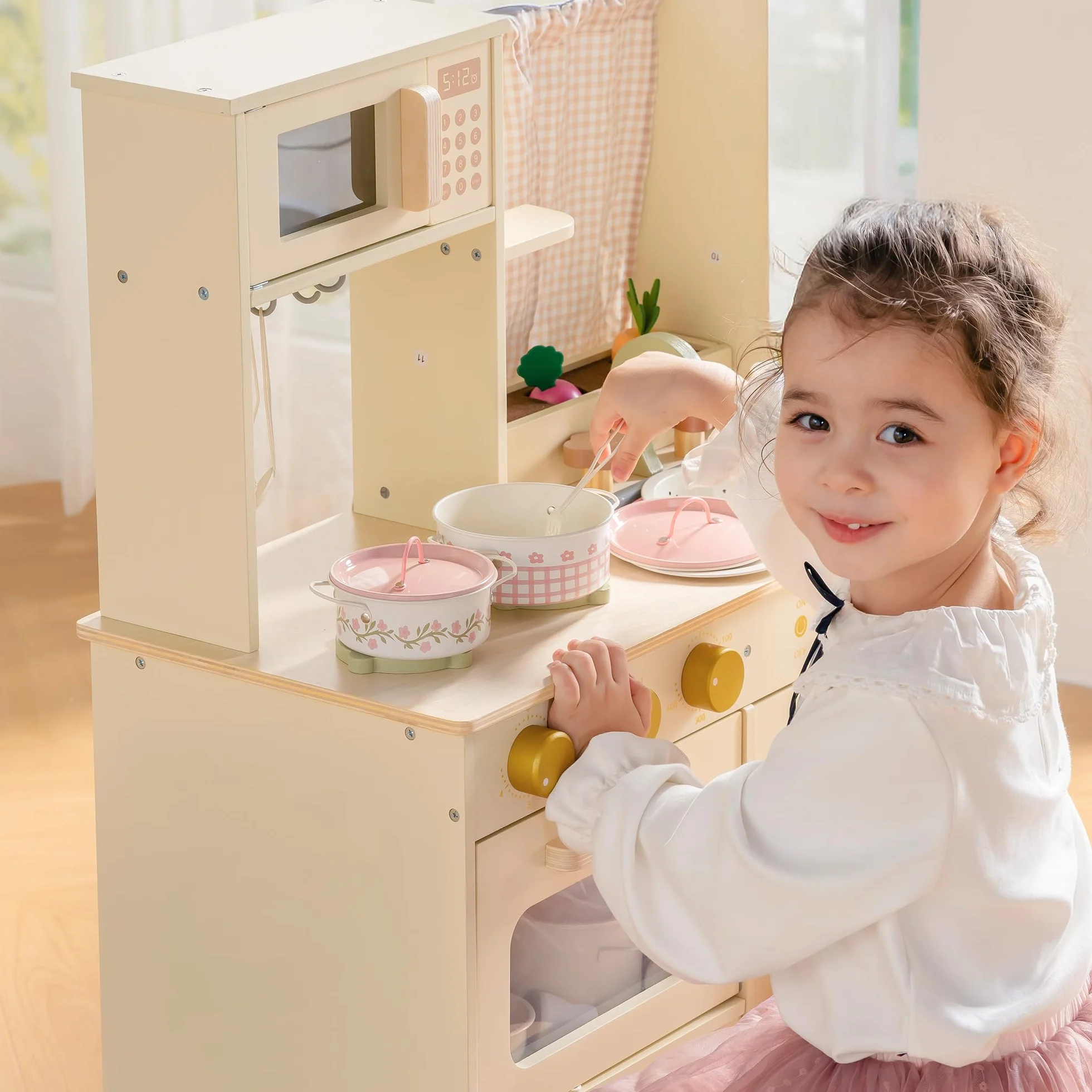 ROBOTIME Zestaw naczyń kuchennych z różowymi kwiatami, zabawkowe garnki i patelnie, kremowy francuski