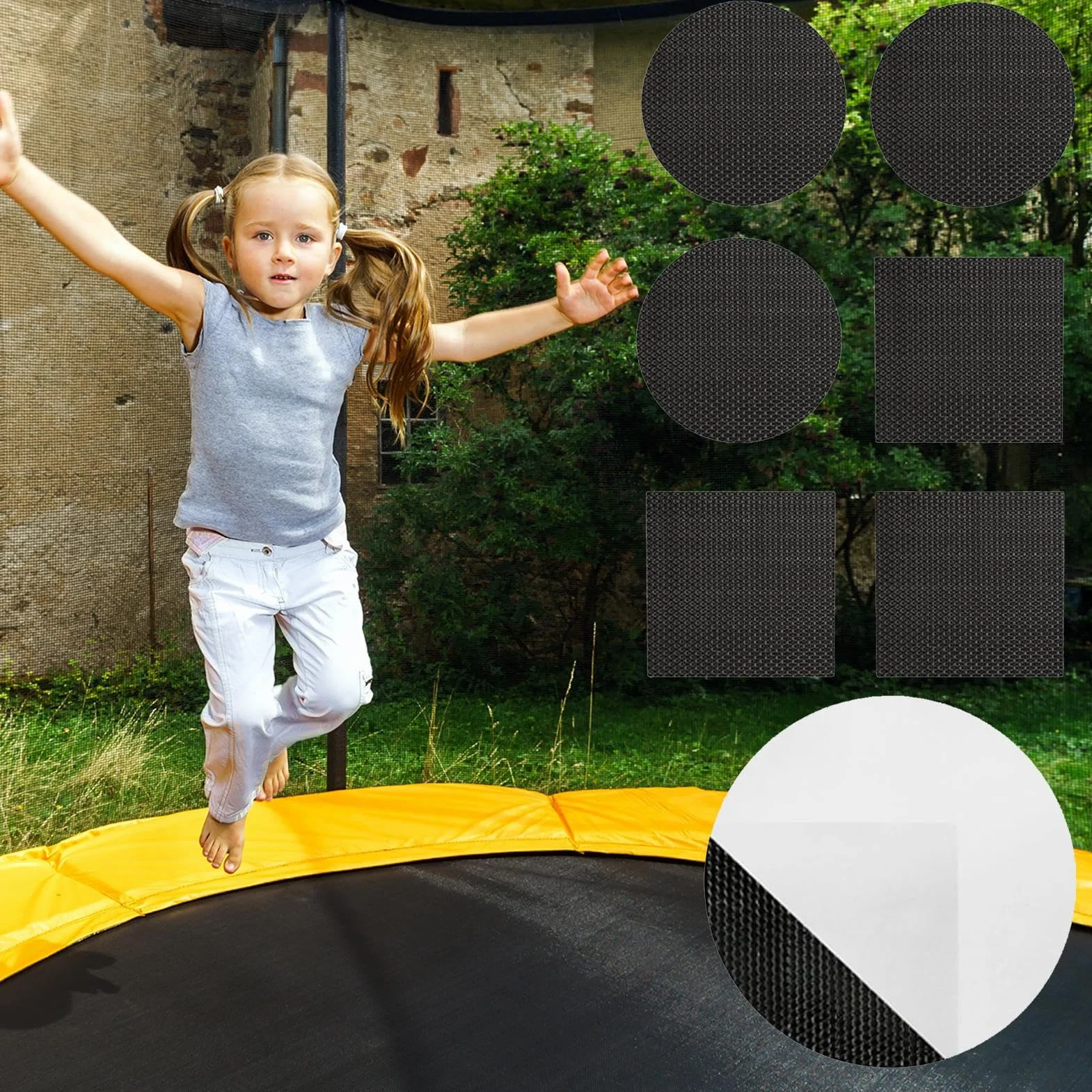 Zestaw łatek do trampoliny, otwory samoprzylepne, akcesoria sportowe, okrągłe, kwadratowe, prostokątne, łatwe w użyciu, wytrzymałe rozwiązanie naprawcze do trampoliny