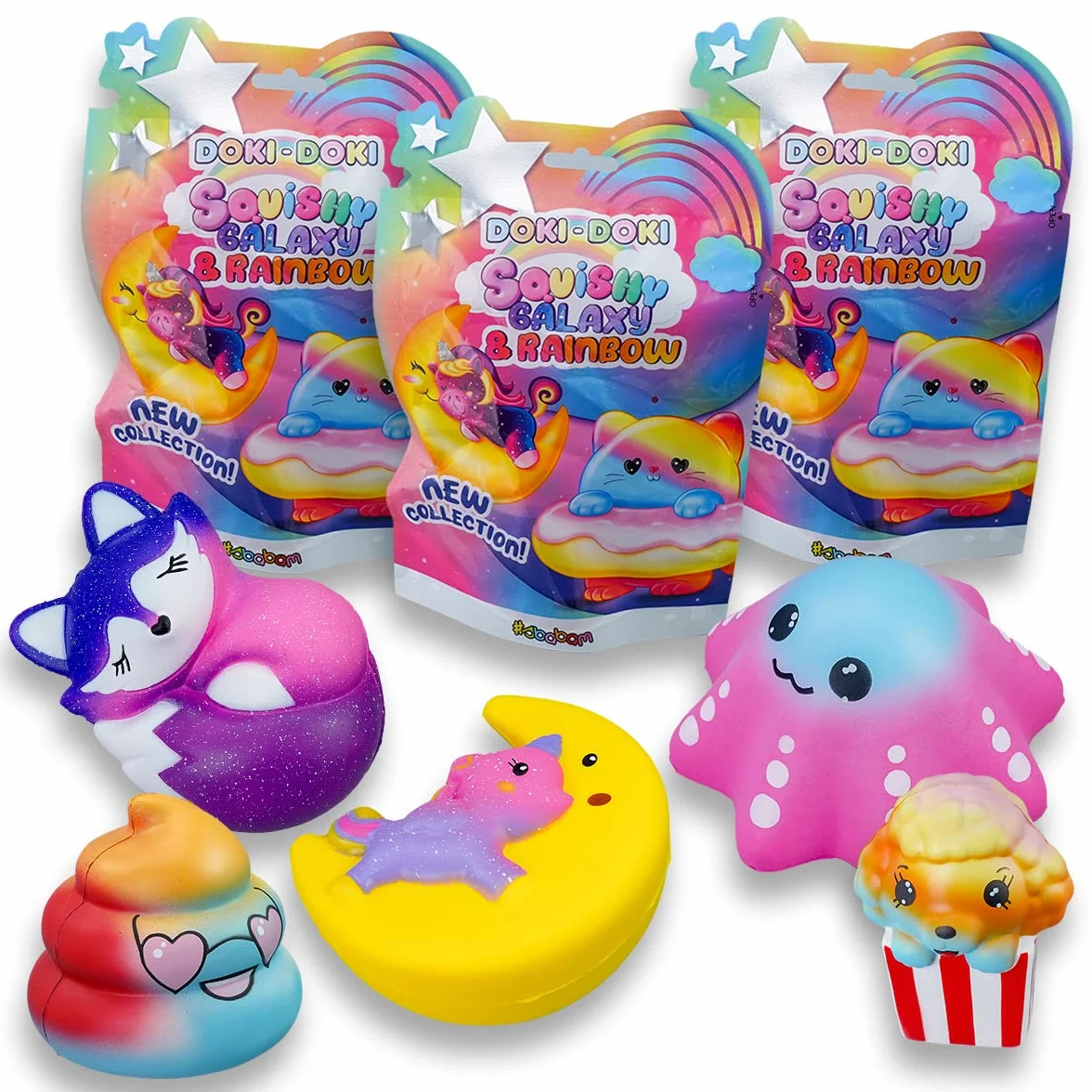 Sbabam, Doki Doki Squishy Galaxy and Rainbow, gry dla dzieci z kioskiem, zabawki Squishy, małe miękkie gumowe lalki, zestaw 3 saszetek, pomysły na prezenty dla dzieci, od 3 lat