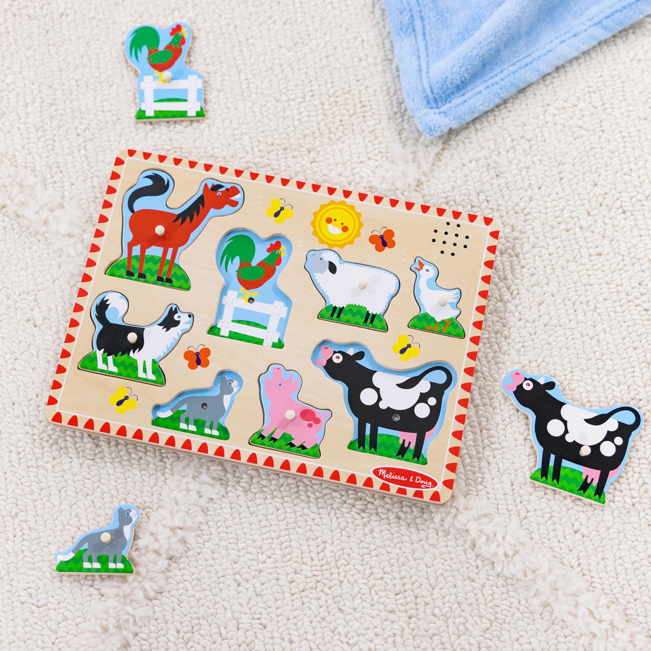 Melissa & Doug Puzzle dźwiękowe ze zwierzętami gospodarskimi, drewniane kołki, zabawka edukacyjna dla dzieci w wieku 2-4 lat