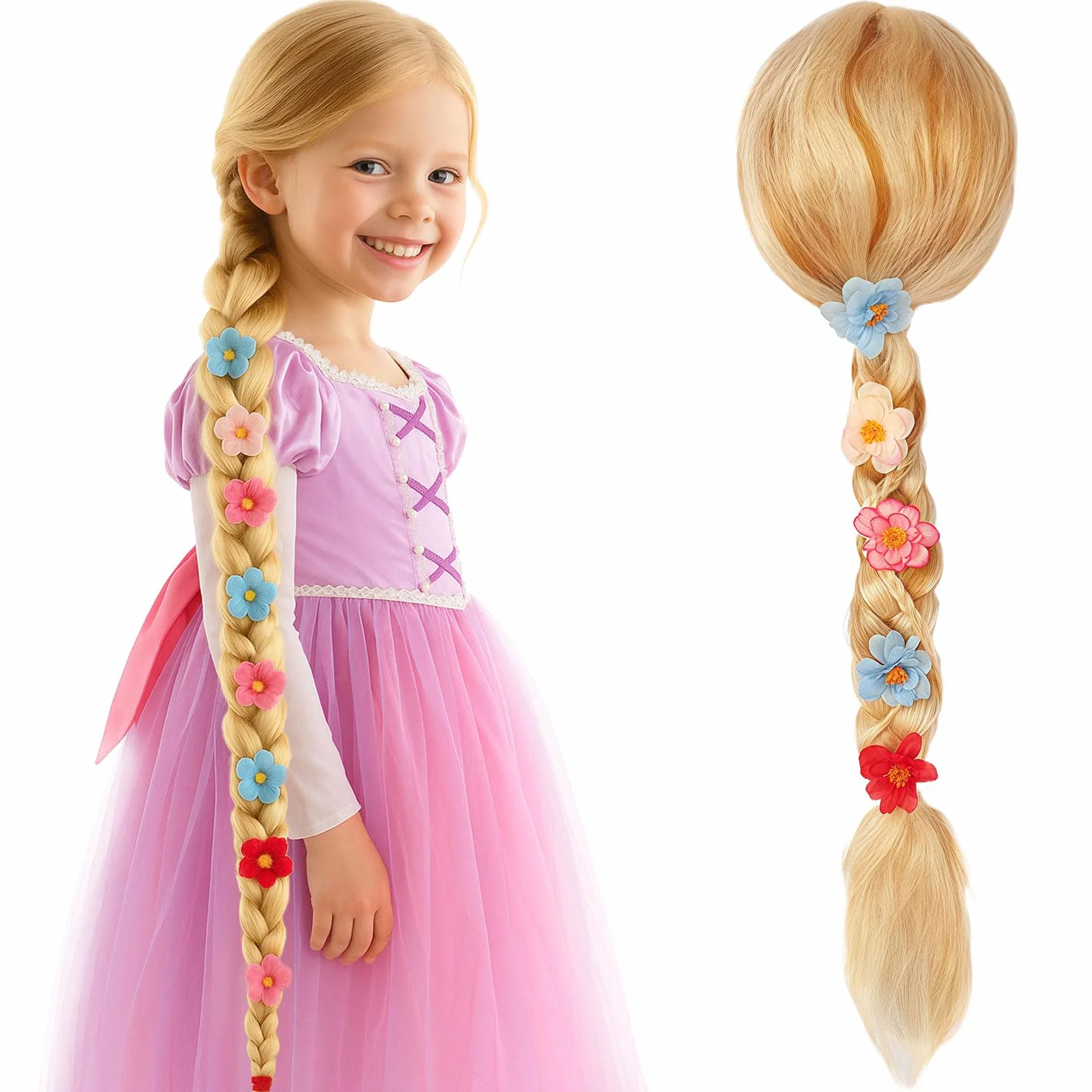 GWAWG Dziewczyny Księżniczka Peruka, Roszpunka Plet Blond Roszpunka Blond Kwiaty Dekoracje Tie-Kostium Halloween dla dziewczyn Halloween