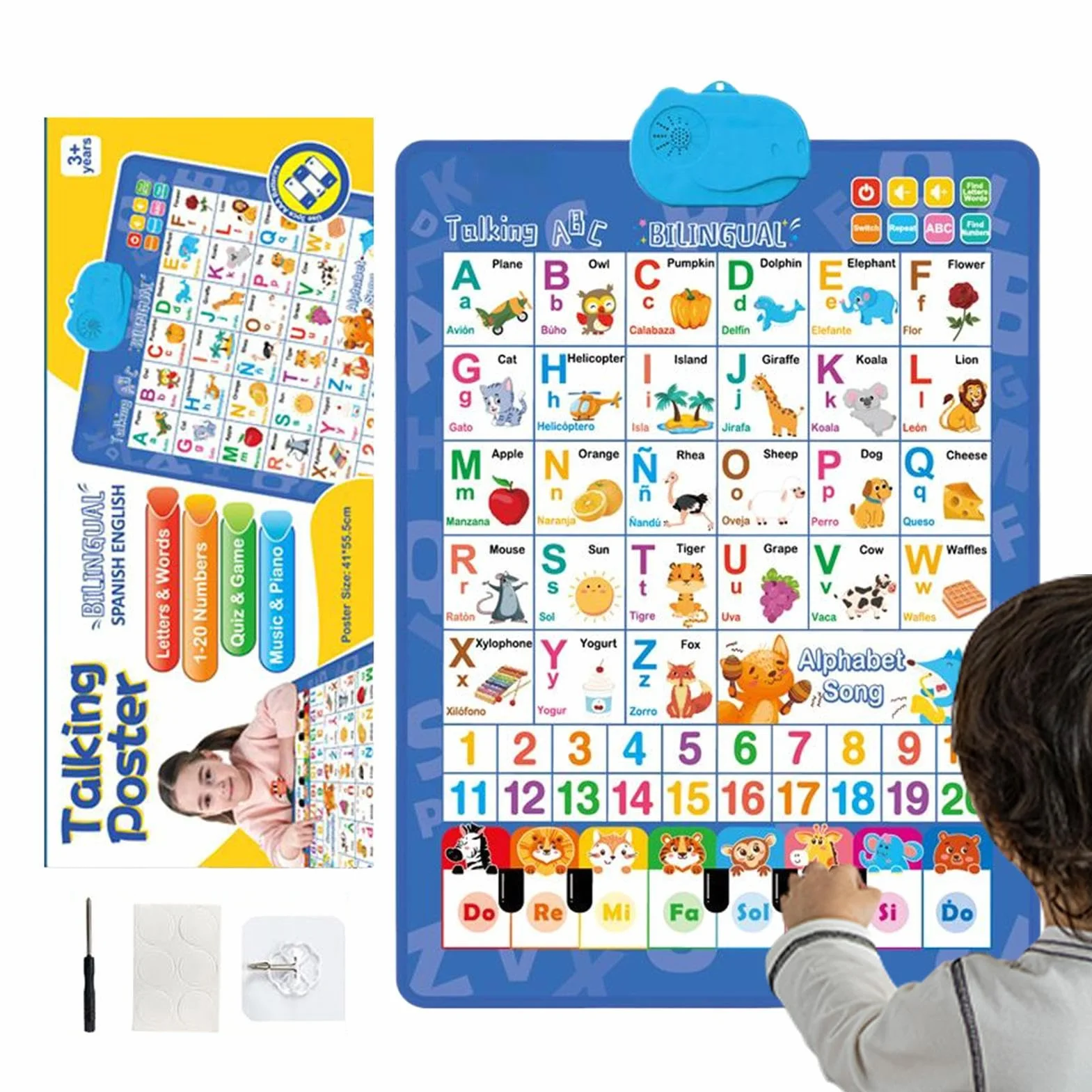 Alphabet Wall Chart, Talking Bilingual Interactive Poster, Spanish and English Music Learning Toy for Kids Ages 3-8, Classroom, Preschool, Language Development