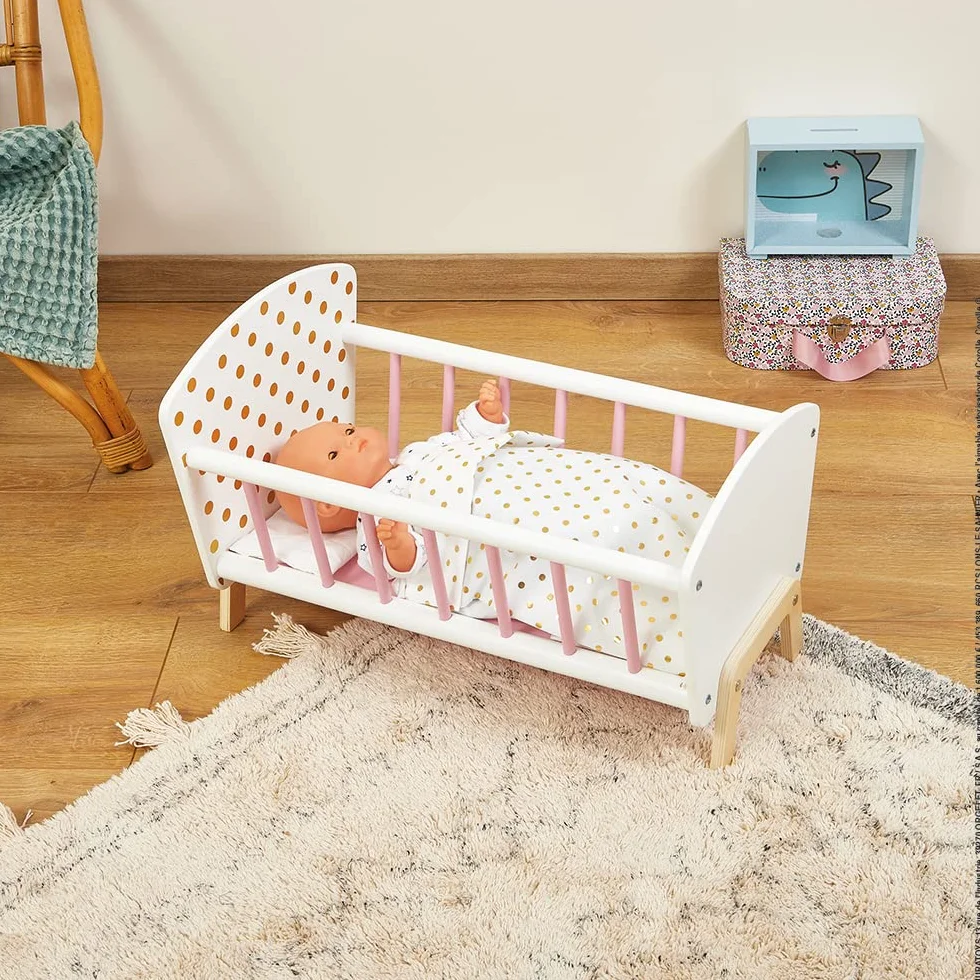 Janod - Candy Chic Bed - Wooden Baby Doll’S Bed with Mattress + Blanket + Pillow - Soft Shiny Colours - Accessories for Babies - from 3 Years Old, J05889