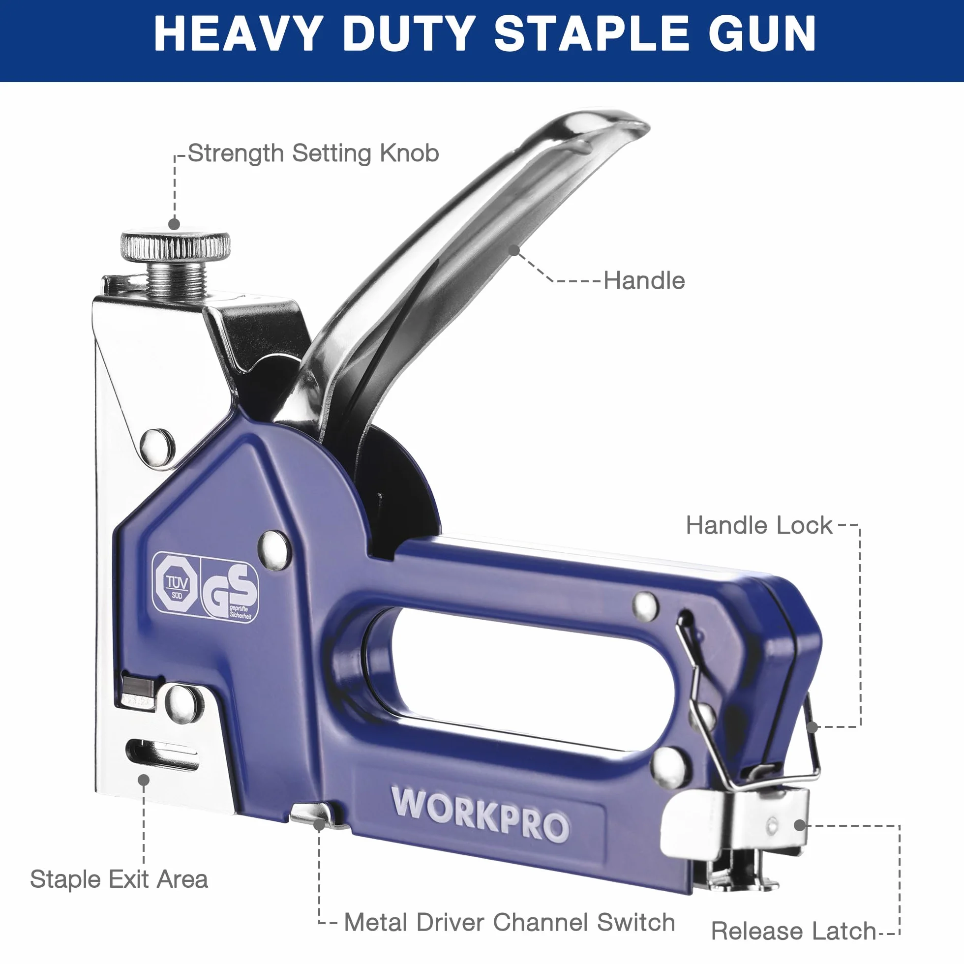 WORKPRO 3-w-1 wytrzymały pistolet do zszywek, ręczny zszywacz certyfikowany TÜV GS z regulowaną siłą, 1500 zszywek i narzędzem do usuwania zszywek, kompatybilny z zszywkami T50/BN18/U-Type do drewna i