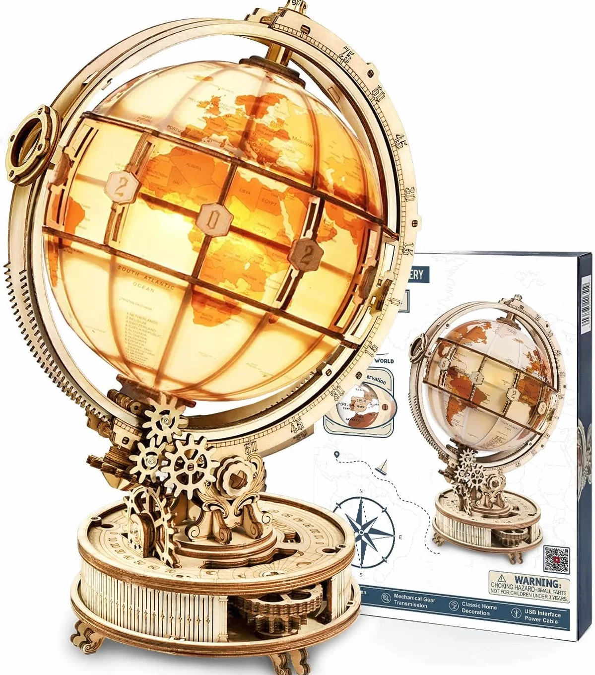 ROWOOD Puzzle 3D świecące globusy zestaw do budowania dla dorosłych drewniane lampki nocne LED zrób to sam wystrój domu wyjątkowy prezent na Boże Narodzenie urodziny