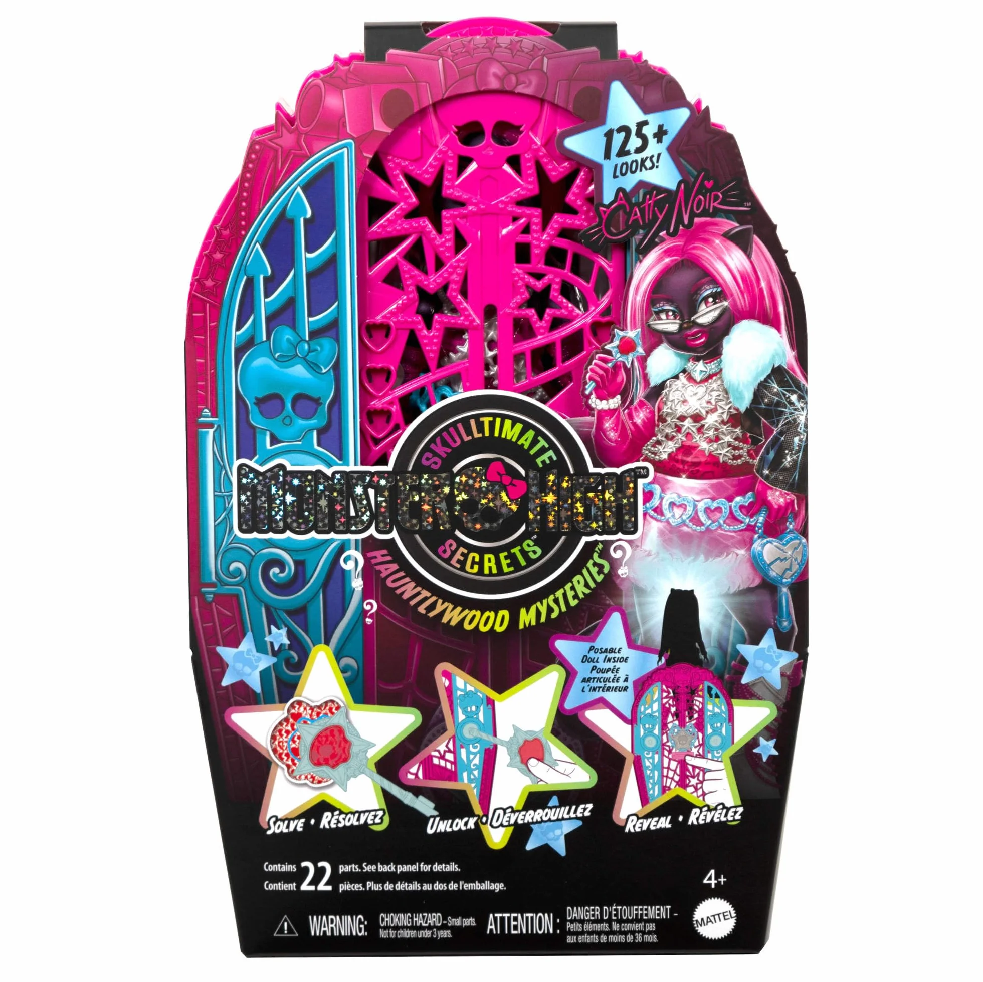 Monster High Straszysekrety Catty Noir Seria 6 Tajemnice Hollyduch Zestaw lalka, szafa i ponad 19 niespodzianek, w tym ubranka dla lalki i akcesoria, JBG82