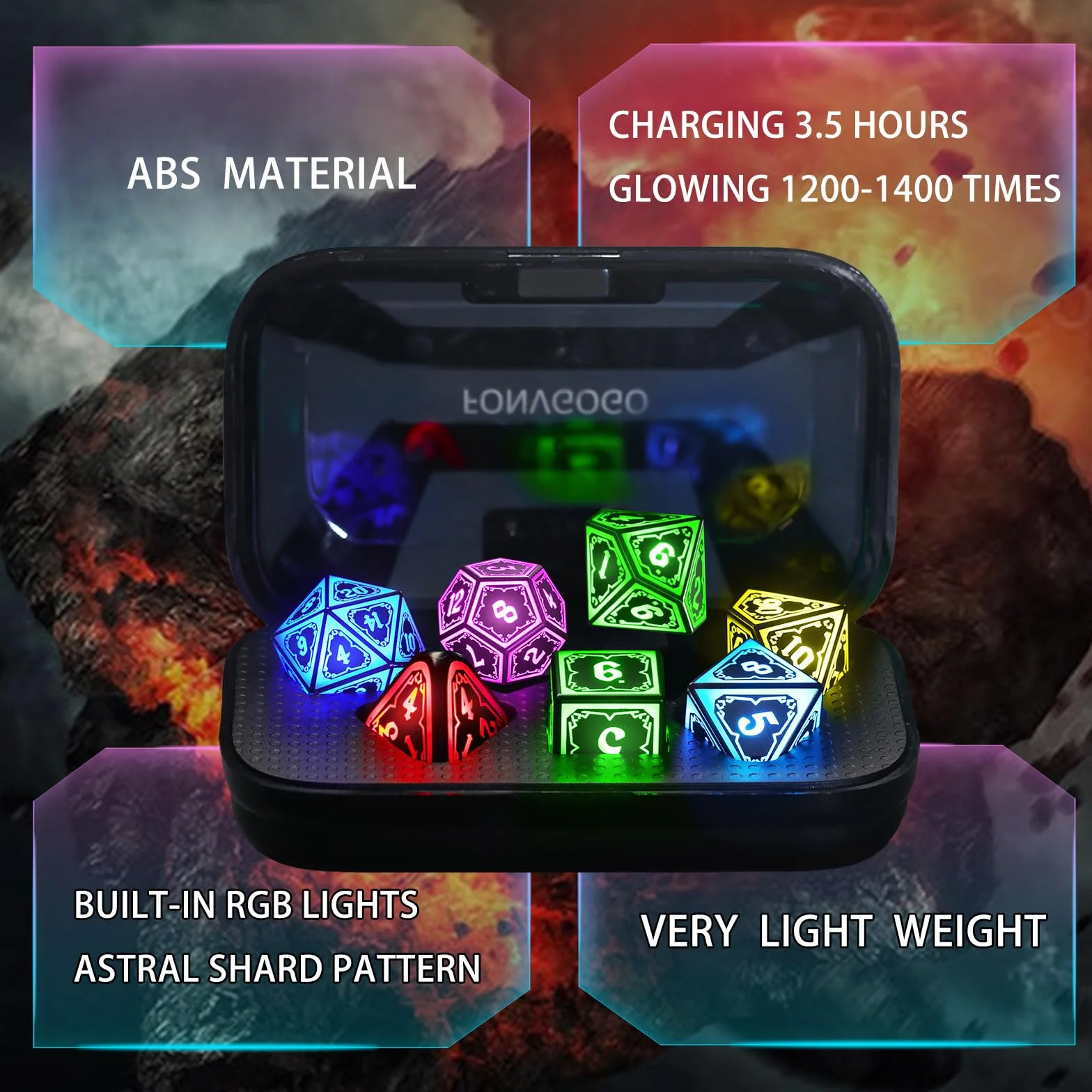 Bezprzewodowe świecące kości D&D RGB do Dungeons and Dragons, fajne kości LED DND z ładowarką, ładowalne, 7 kolorów, wielościenne kości do odgrywania ról, prezenty DND, RPG, (Astral Shard Black)