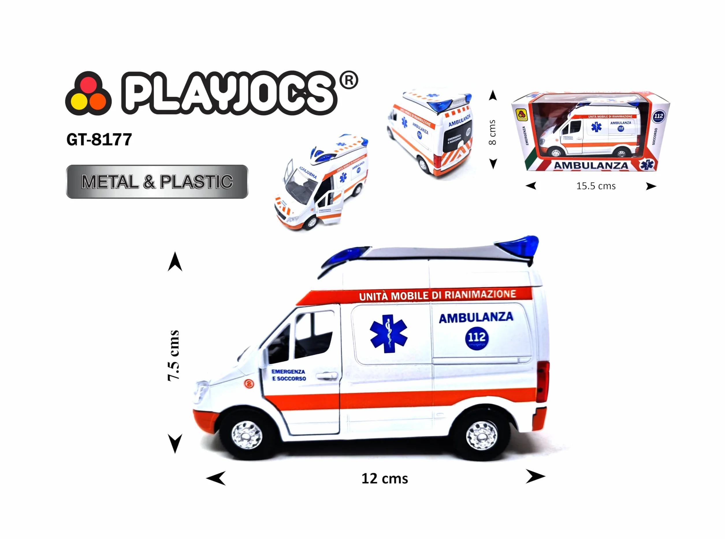 PLAYJOCS GT-8177 Włoski karetka metalowy samochód zabawka dla dzieci i kolekcjonerów.