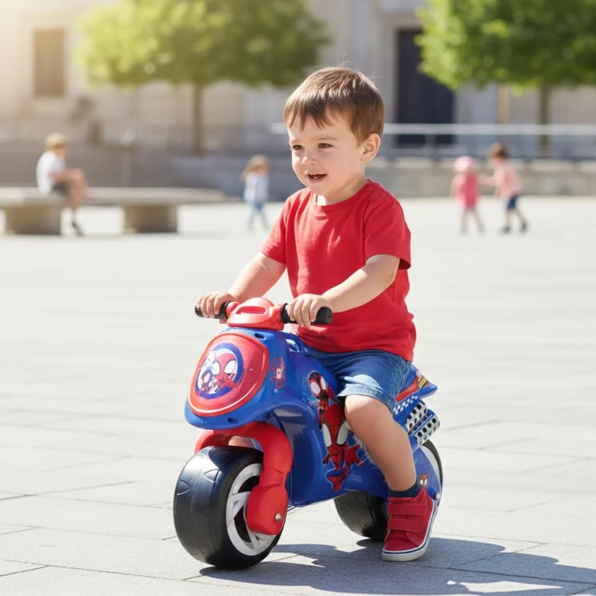 INJUSA - Motocykl Dziecięcy Neox Spidey, dla dzieci +18 miesięcy, z trwałą dekoracją, szerokim plastikowym kołem i uchwytem transportu dla rodziców, niebieski kolor