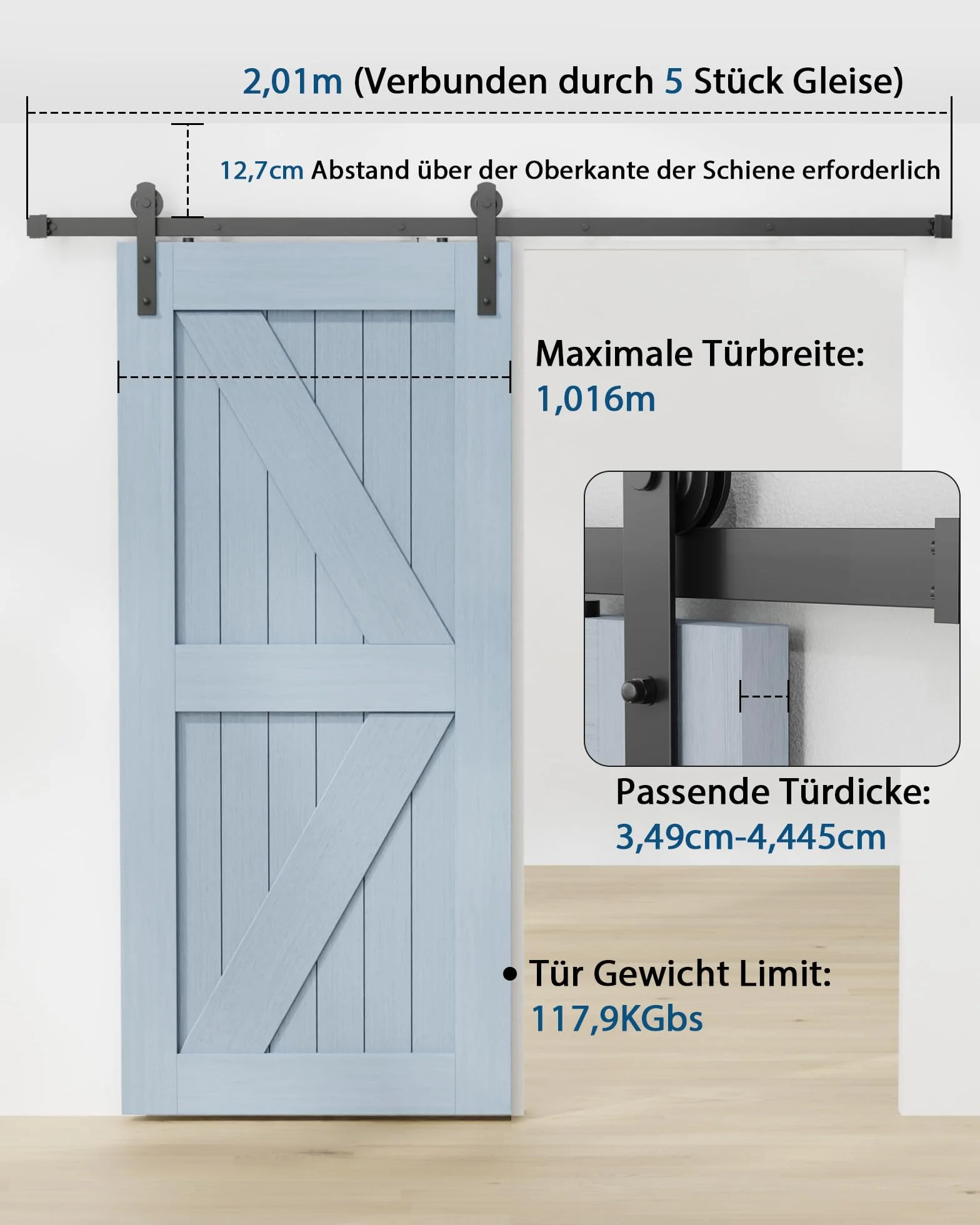 200 cm, kompletny zestaw okuć do drzwi przesuwnych, system drzwi przesuwnych, kolor czarny, szyny jezdne, system szyn do dużych obciążeń, do 1 drzwi drewnianych, kształt litery I