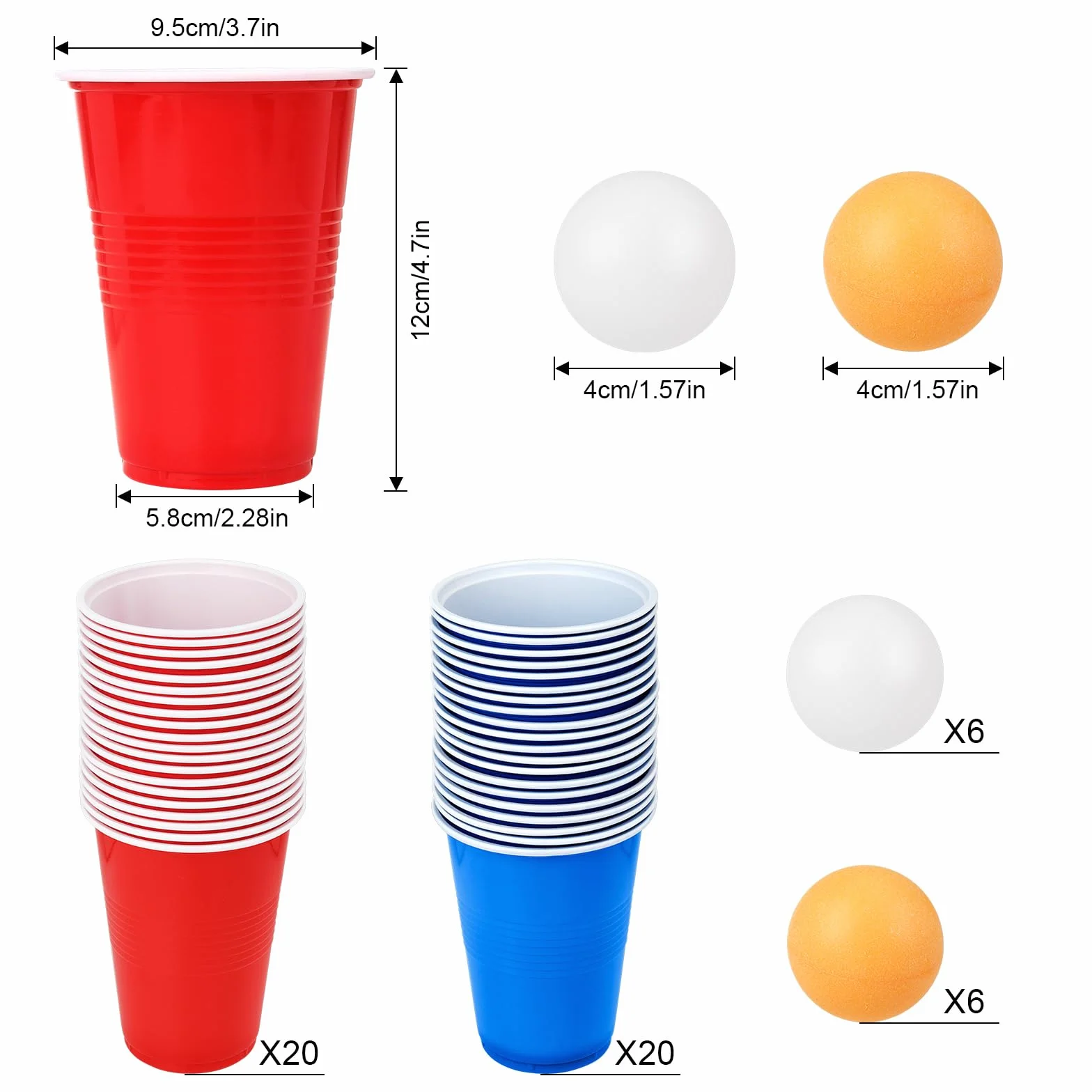 Zestaw kubków do piwnego ponga, 40 kubków (500 ml) + 12 piłeczek do tenisa stołowego, wielokrotnego użytku, czerwone kubki na imprezę, do gier do picia, na kemping, urodziny, wesele
