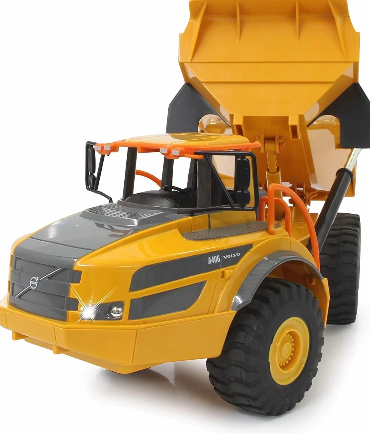 JAMARA 405056 - wywrotka Volvo A40G 1:20 2,4 GHz - wierne zginanie, wywrotka w górę/w dół, realistyczny dźwięk silnika (z możliwością wyłączenia), tryb demo, napęd na 2 koła, tryb automatycznego