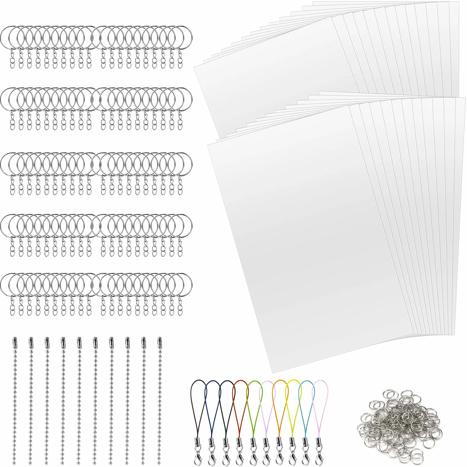 Zestaw folii termokurczliwej, 245 sztuk, folia termokurczliwa do majsterkowania, w zestawie papier termokurczliwy A4, breloczek do kluczy, dzielone zamknięcie, zapięcie na karabińczyk, łańcuszek