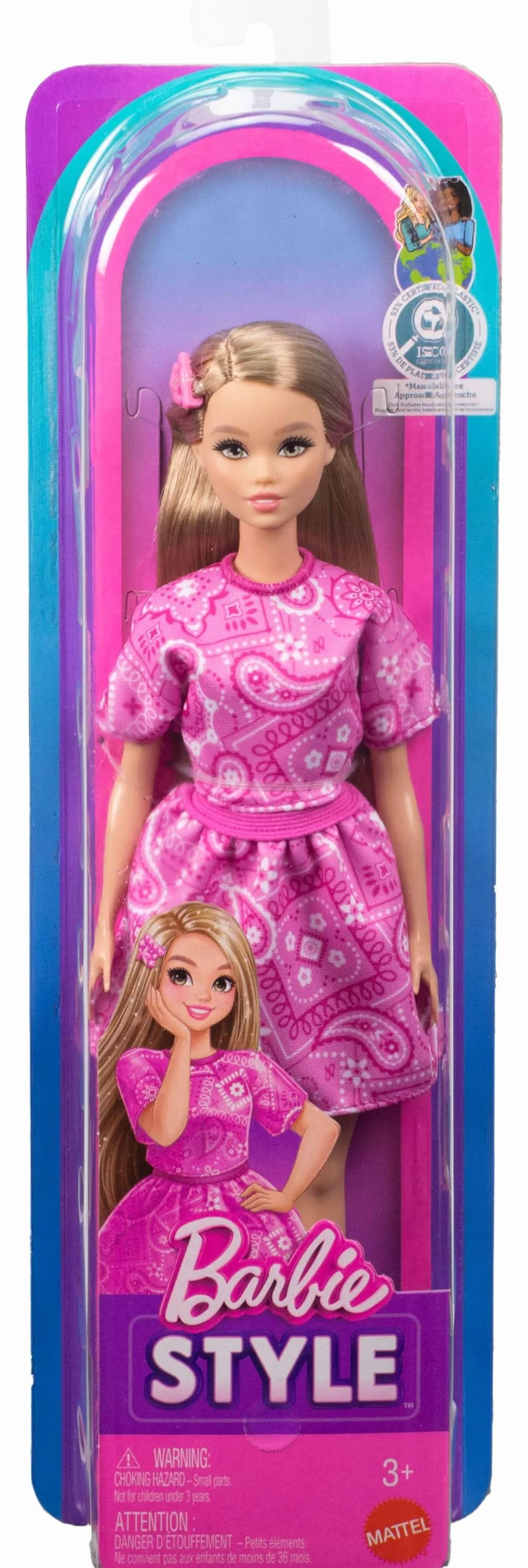 Barbie Fashionistas Lalka modowa #249, różowy strój we wzór paisley, blond włosy, różowa spódniczka i koszulka, białe sandałki na platformie, zabawka dla dzieci 3+, JJN62