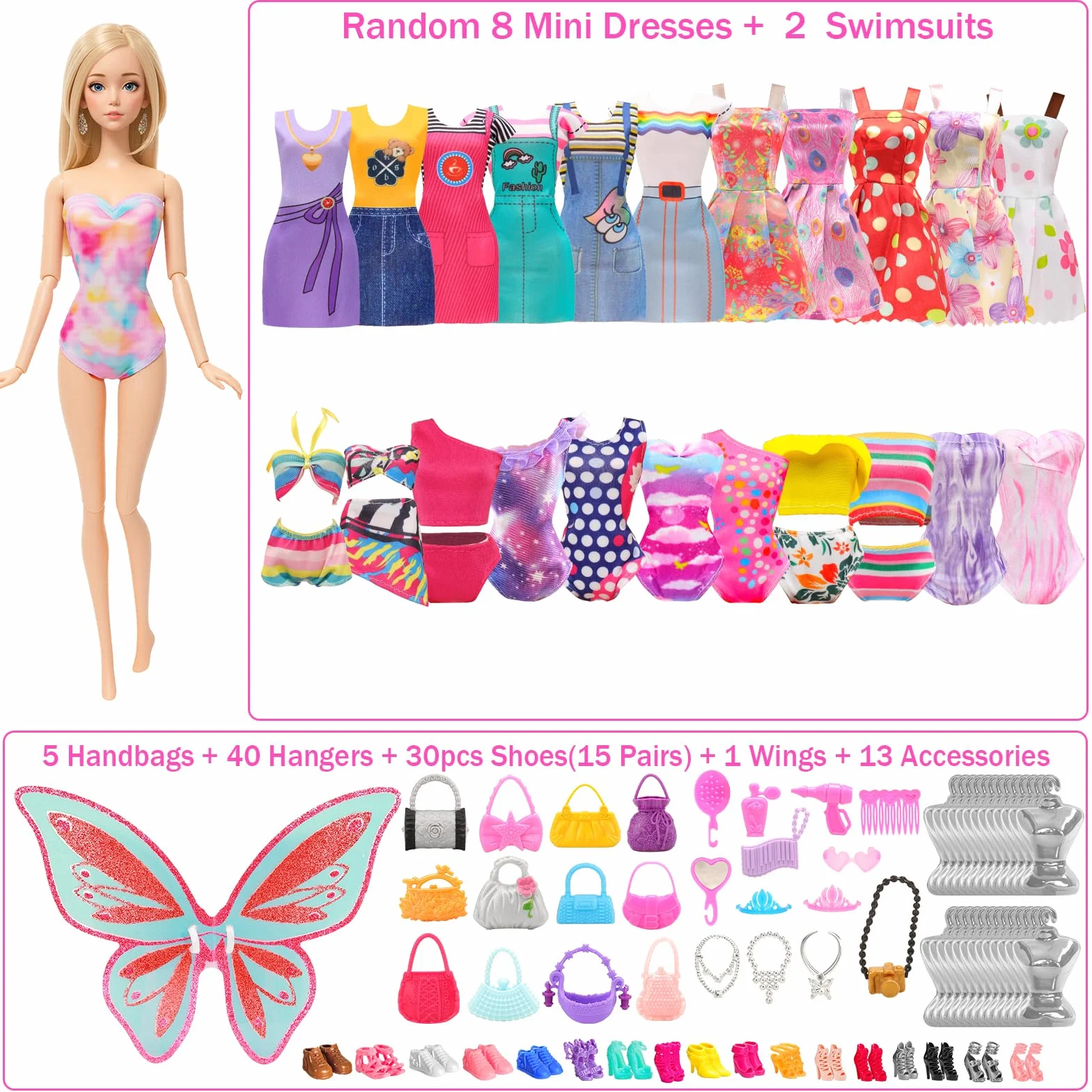 Miunana 95 Lalki Ubrania i akcesoria Moda Sukienki Topy Spodnie Strój Stroju Party Suknia Mini Sukienki kąpielowe Bikini Buty Księżniczka Skrzydła Wieszaki Torebka dla 11.5 calowej lalki